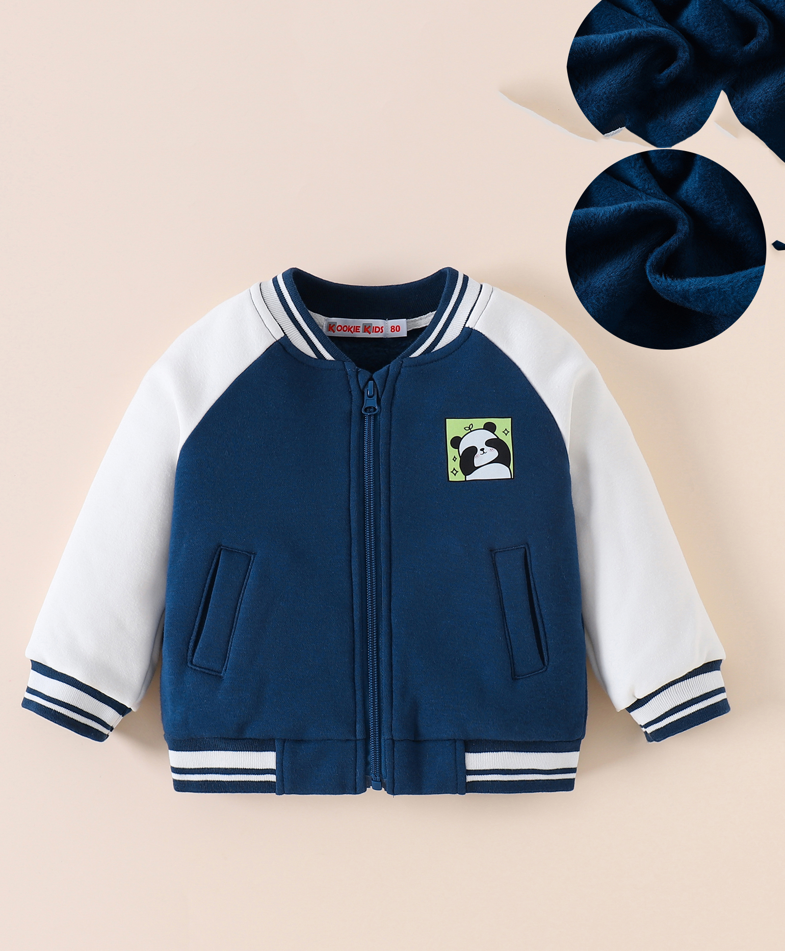 Kookie Kids Full Sleeves Front Open Bomber Jacket With Panda Patch Detailing - Navy Blue-picture-27