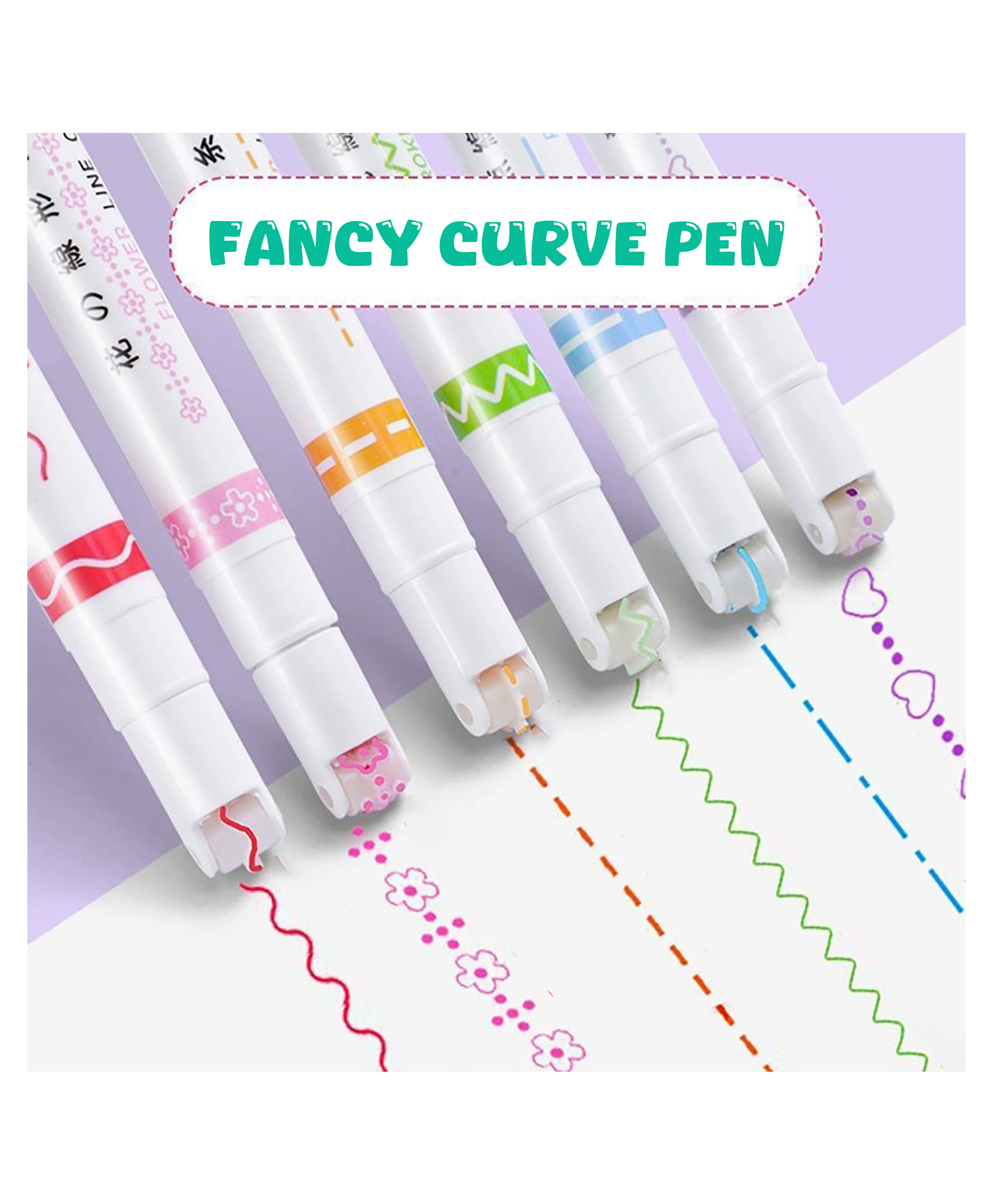 VGRASSP Colorful Roller Design Curve Highlighter Pen Toy Set For Kids And Adults - Pack Of 6 Pens Of 6 Different Patterns and Colors -  Best For Highlighting Text, Decorating Scrapbook
