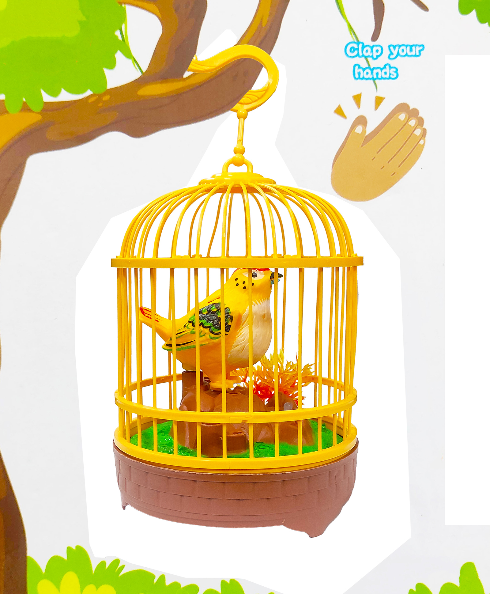 VGRASSP Sound Activated Chirping Single Bird in Hanging Cage - Clap to See The Moving Beak and Flapping Wings -  Beautiful Pinjra Bird Toy for Kids with LED Light - Color and Design May Vary-picture-27