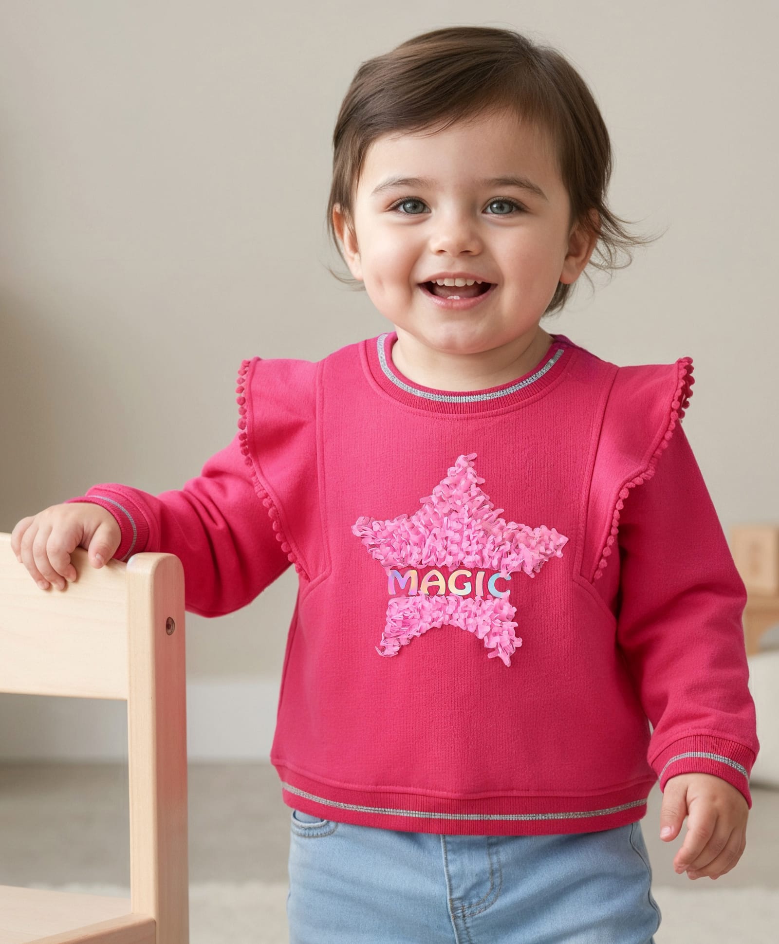 Babyoye 100% Cotton Solid Dyed Sweatshirt With Star Embroidery & Frill Detailing - Pink-picture-10