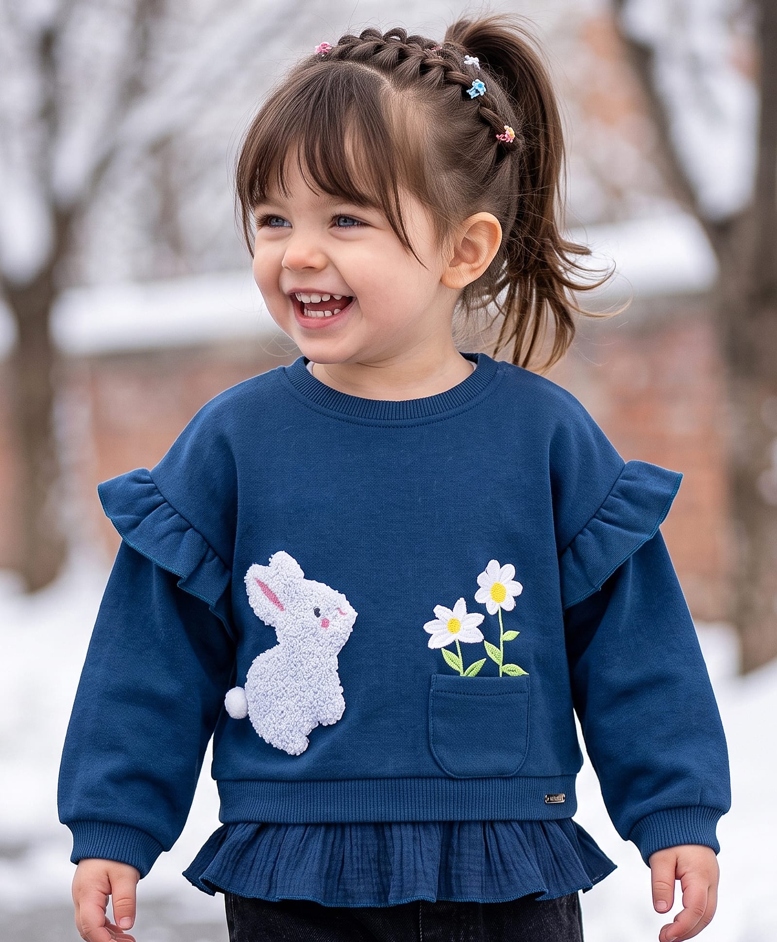 Babyoye 100% Cotton Knit Full Sleeves Drop Shoulder Sweatshirt with Bunny & Floral Embroidery - Navy Blue-image-40