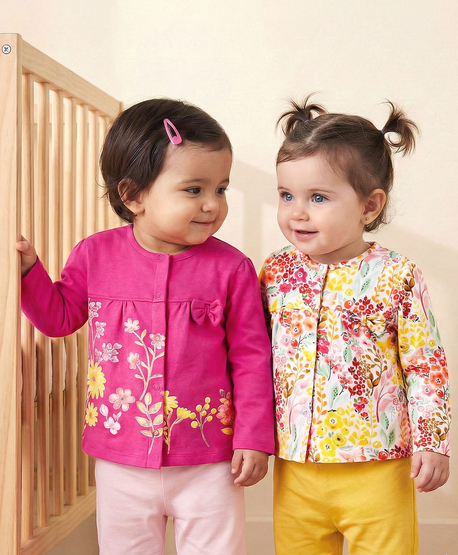 Babyoye Cotton Full Sleeves Floral Printed Jhablas with Bow Applique Pack Of 2 - White & Dark Pink-picture-36