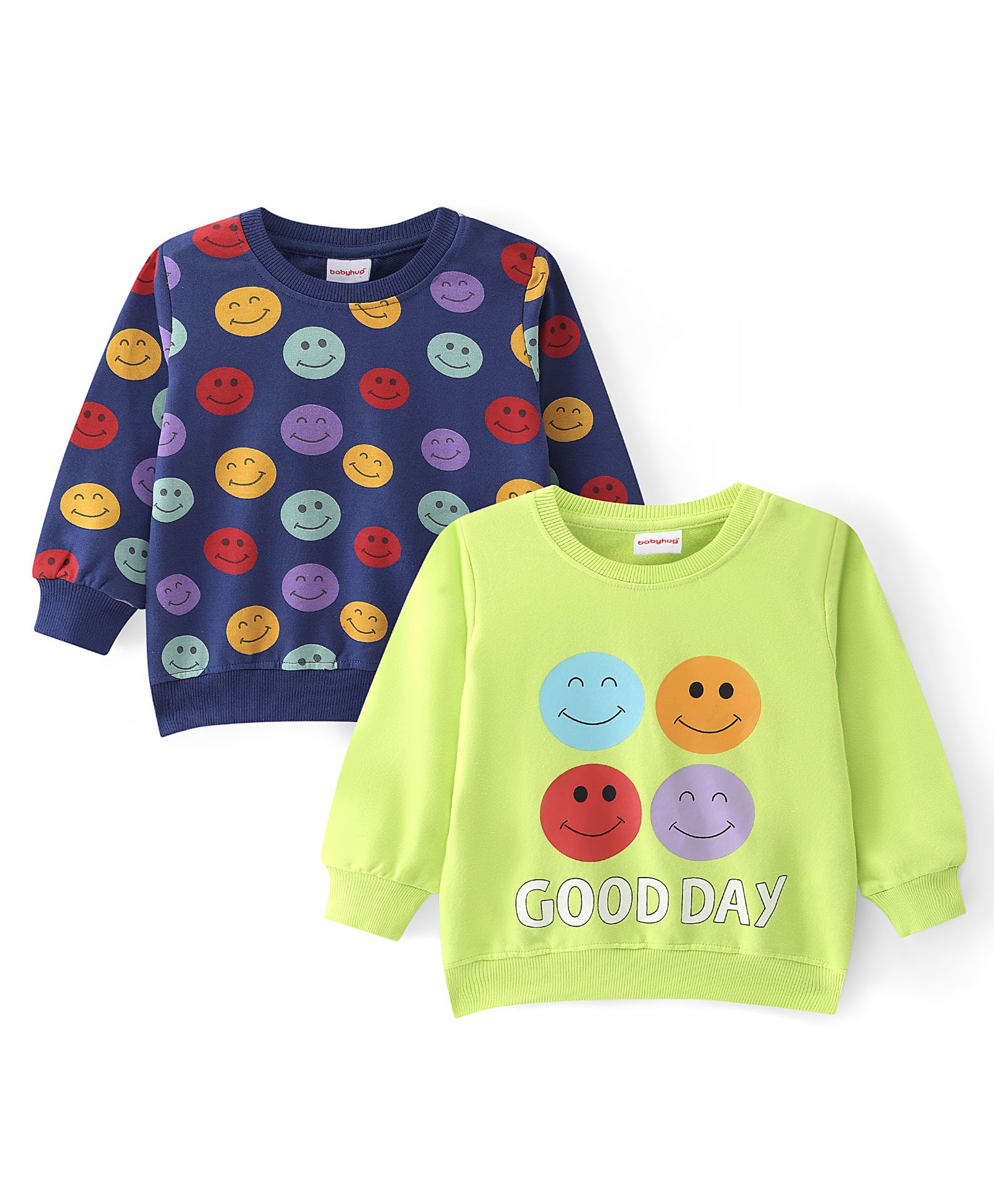 Babyhug 100% Cotton Knit Full Sleeves Sweatshirt with Emoji Print Pack of 2  - Multicolour-image-42