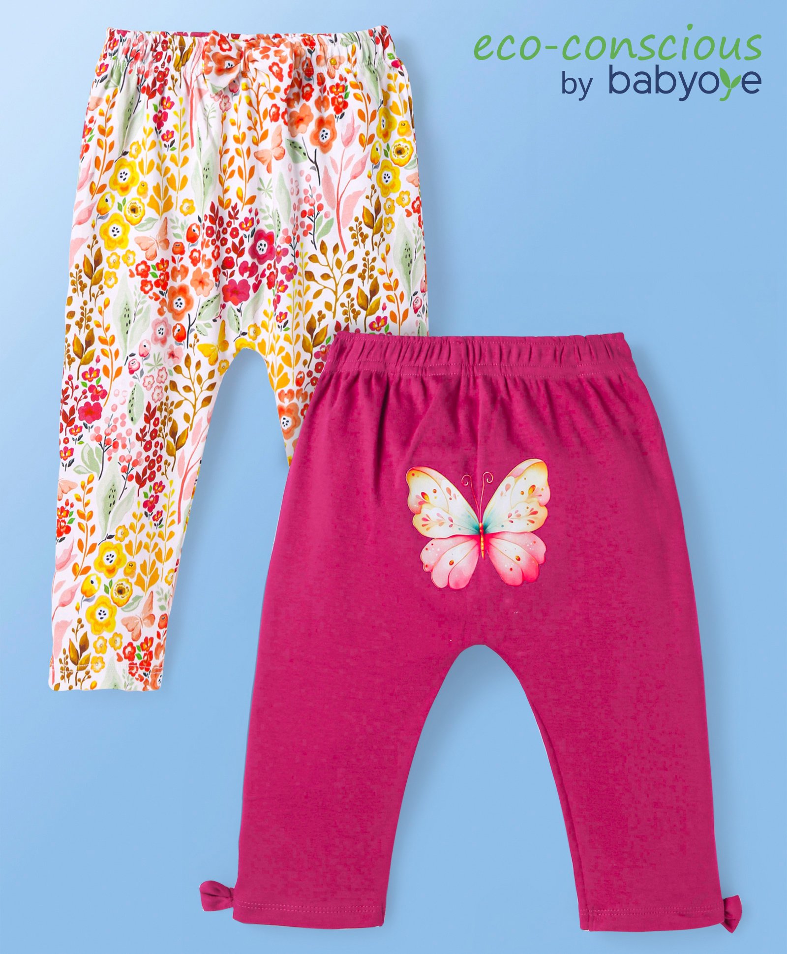 Babyoye Cotton Knit Full Length Floral & Butterfly Printed Leggings Pack of 2 - Yellow & Red-image-21