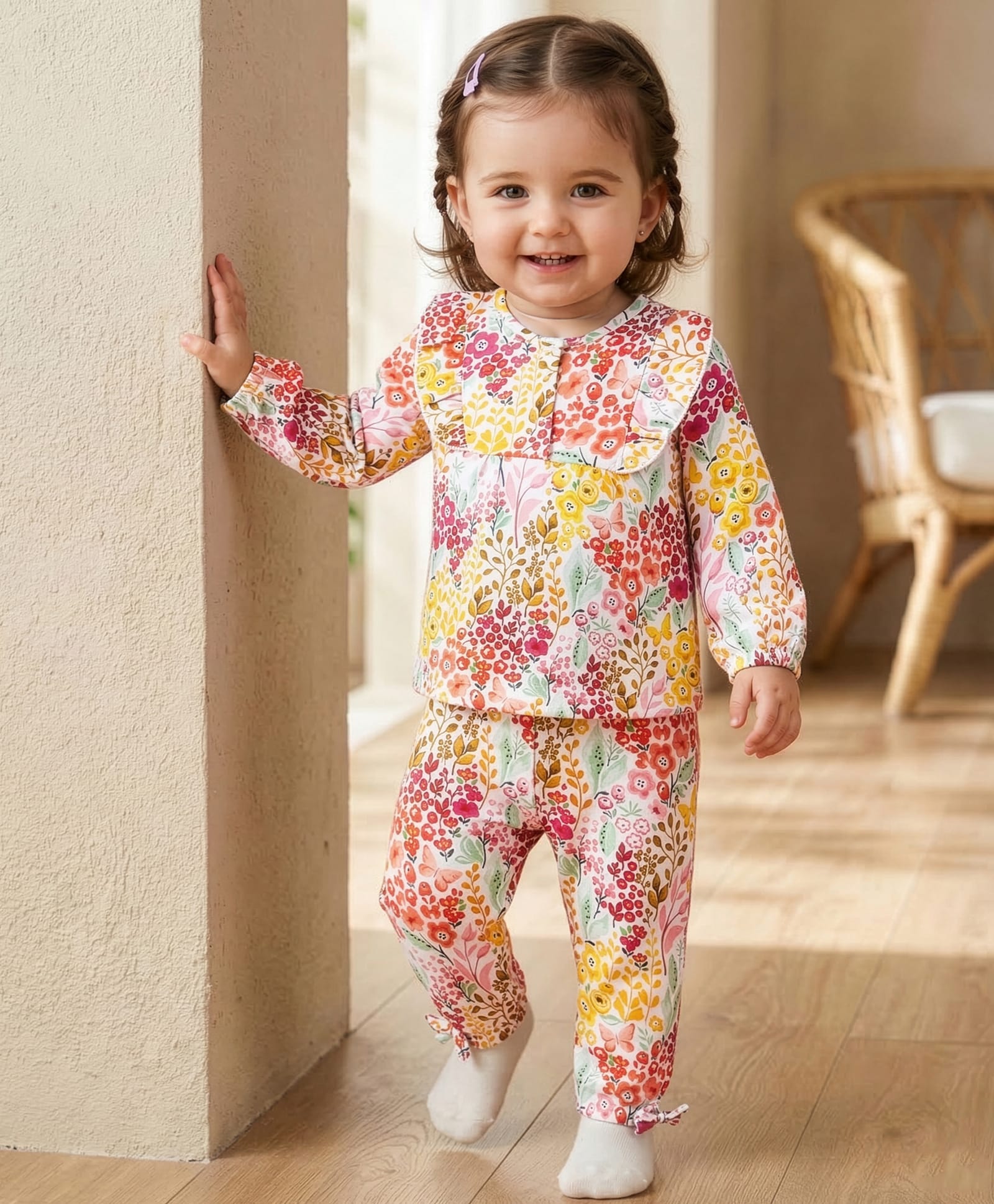 Babyoye 100% Cotton Knit Full Sleeves Floral Printed Top & Legging Set - White-picture-8