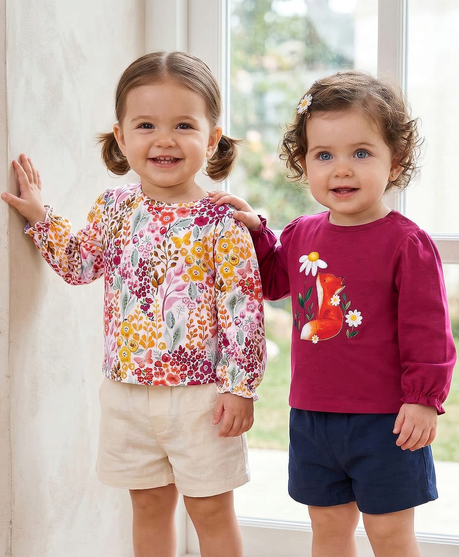 Babyoye Cotton Knit Full Peasant Sleeves Floral Printed Tops Pack of 2 - Red & White-image-18