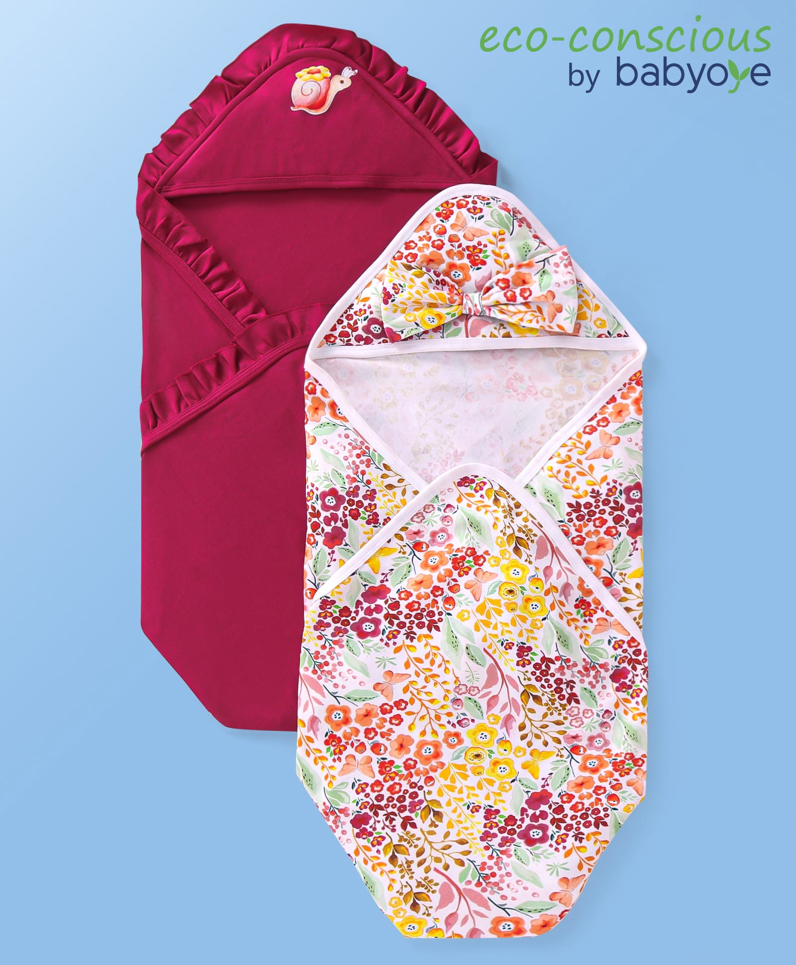Babyoye 100% Cotton Knit Hooded Towel & Wrapper With Floral & Snail Print Pack of 2 L 76.5 x B 84 cm - Dark Red-picture-16