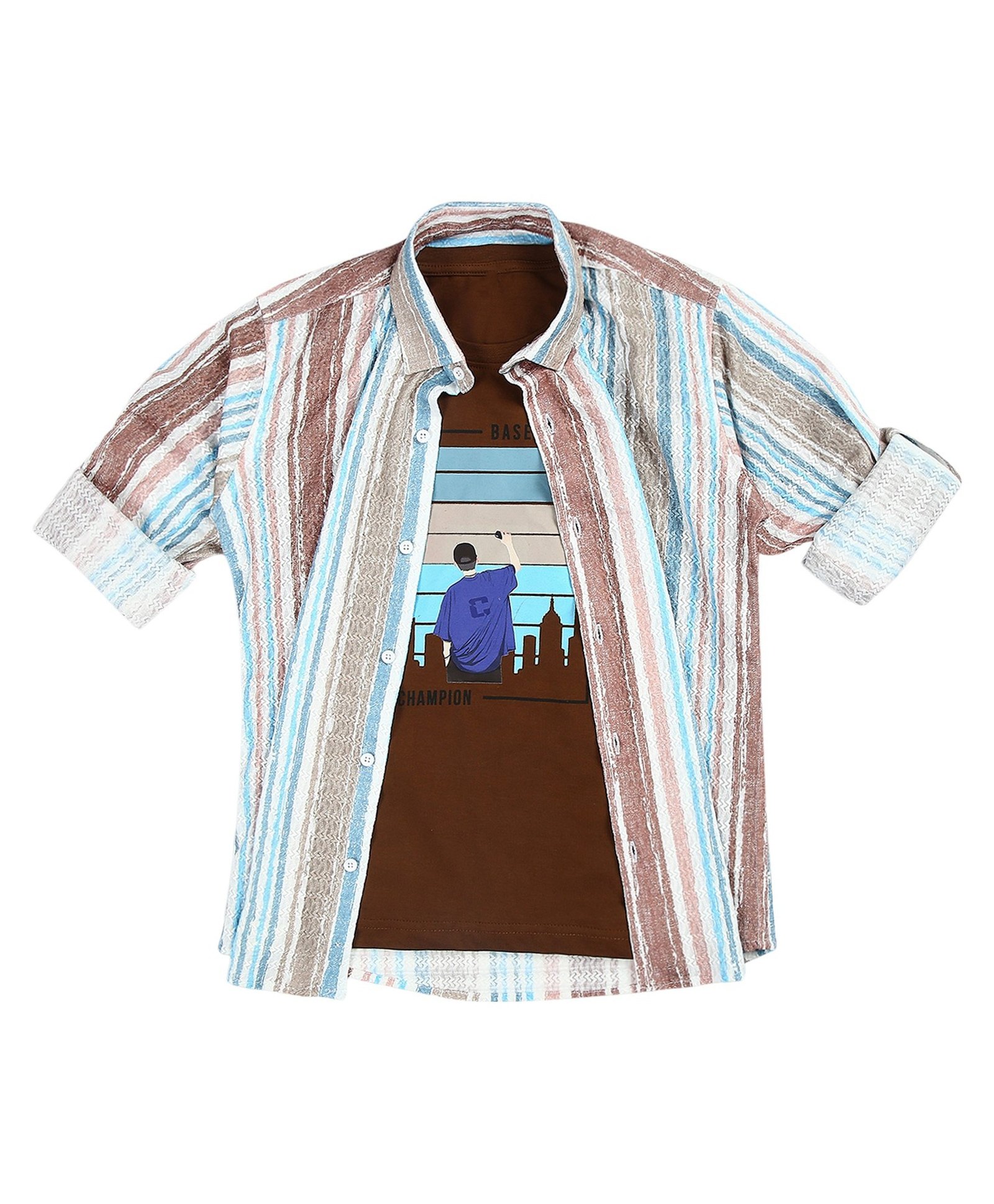 CAVIO Cotton Poly Spandex Full Sleeves Striped Shirt And Tee - Brown-picture-46