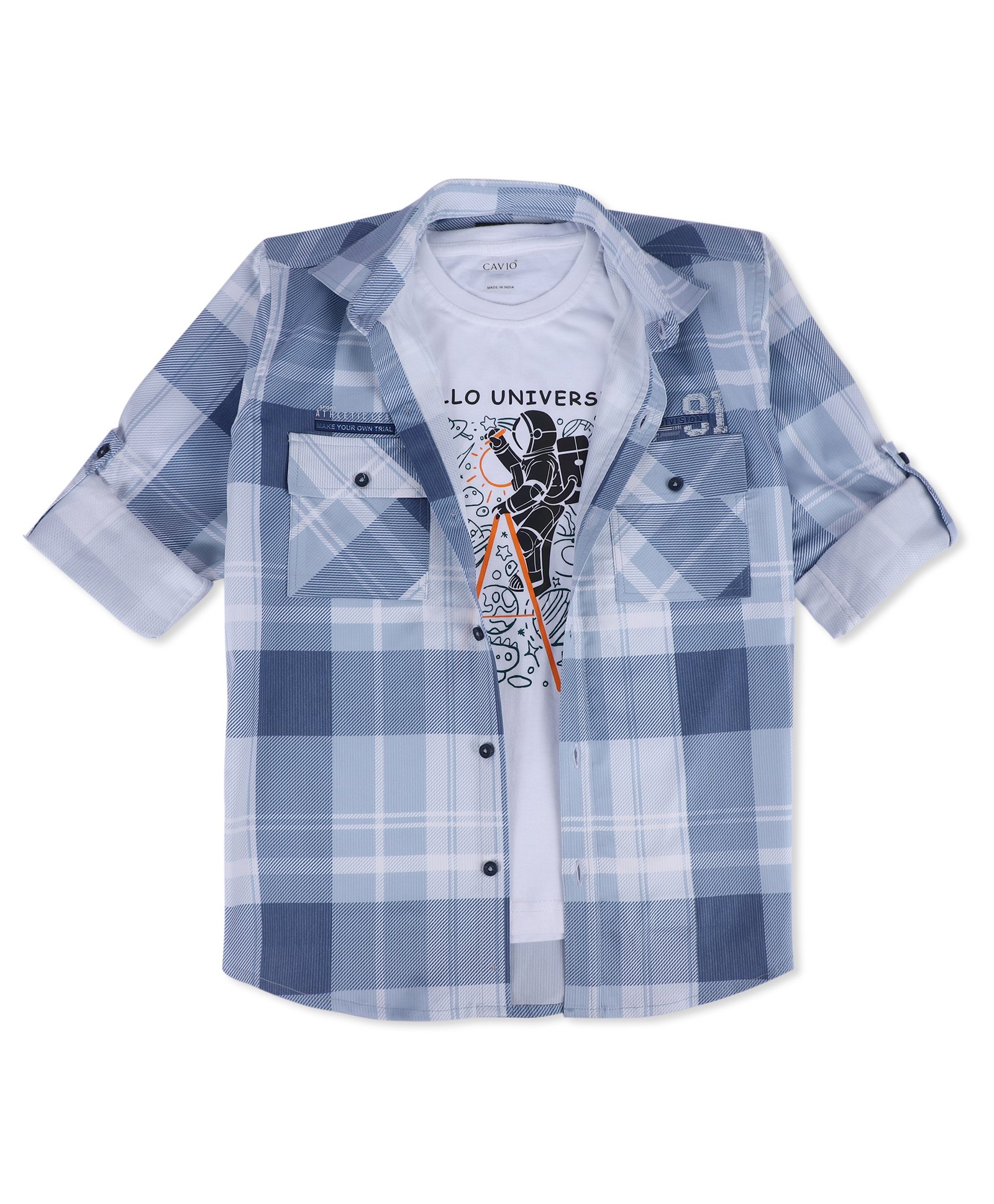 CAVIO Cotton Half Sleeves Checked  Shirt And Tee - Blue-image-16