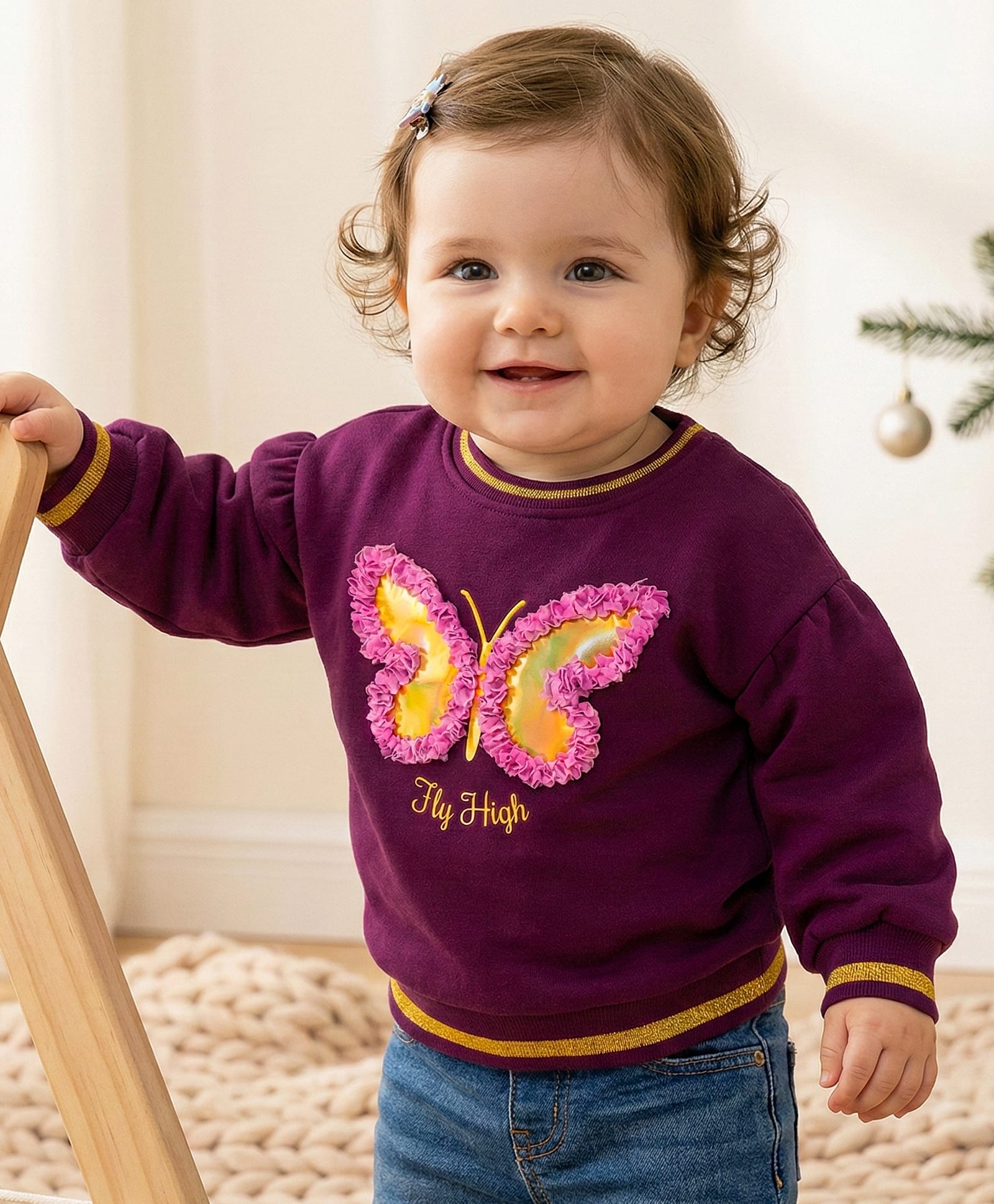 Babyoye Cotton Knit Full Puff Sleeves Drop Shoulder Sweatshirt With Butterfly Foil Print & Frill Detailing - Pink-picture-19