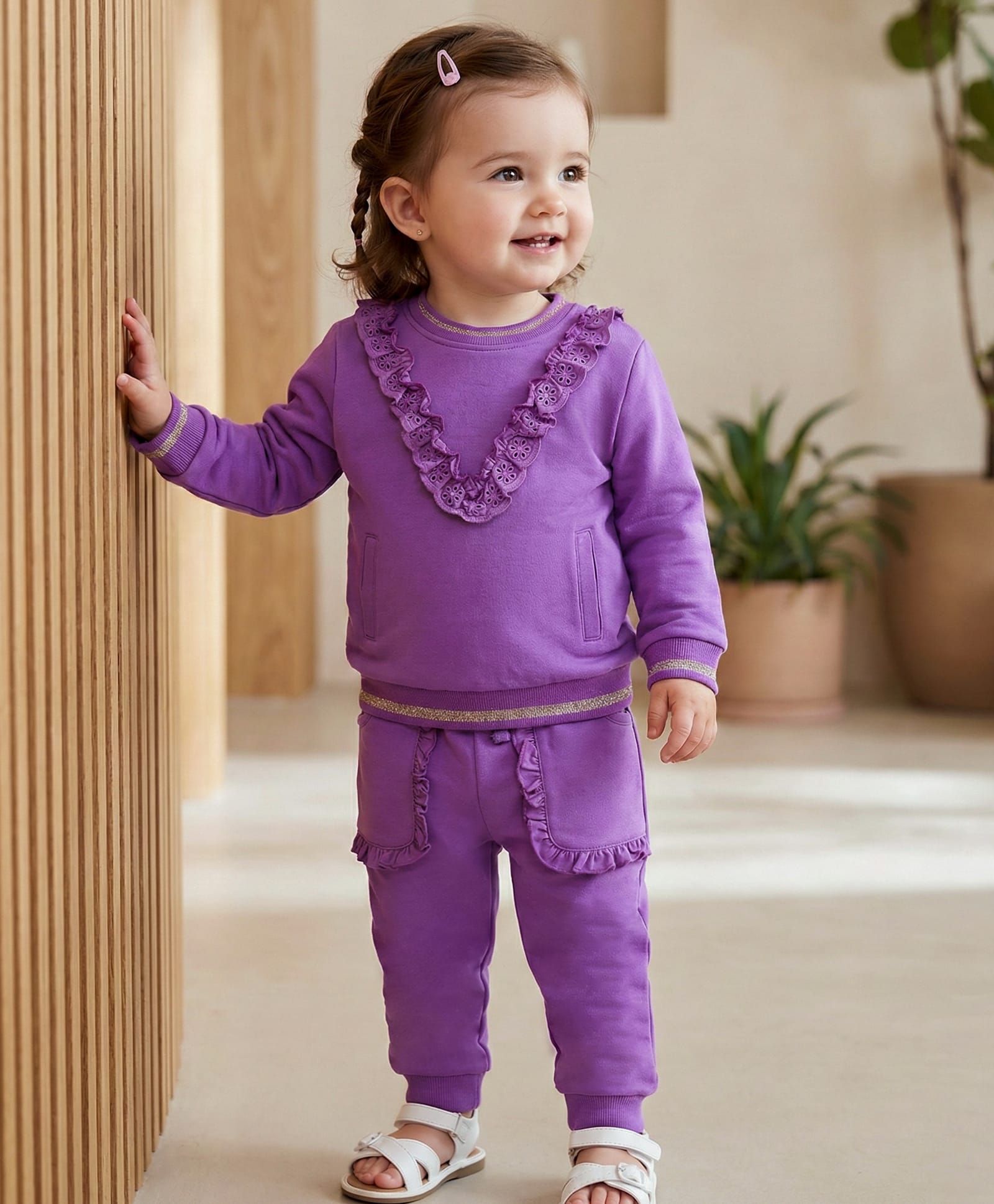 Babyoye Cotton Knit Full Sleeves Lace Detailed Sweatshirt & Jogger Set - Purple-picture-20