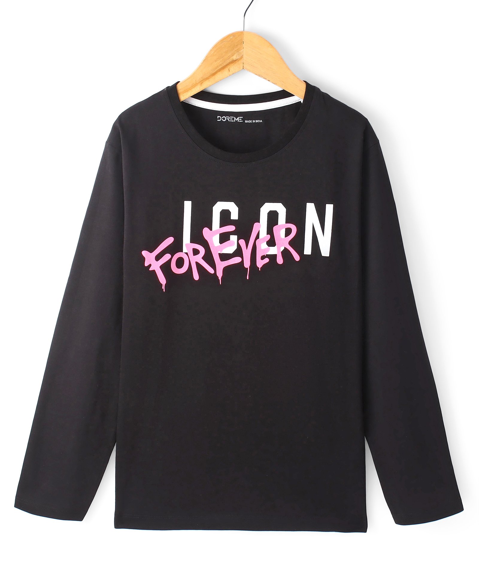 Doreme Single Jersey Knit Full Sleeves T-Shirt With Text Print - Jet Black-image-2
