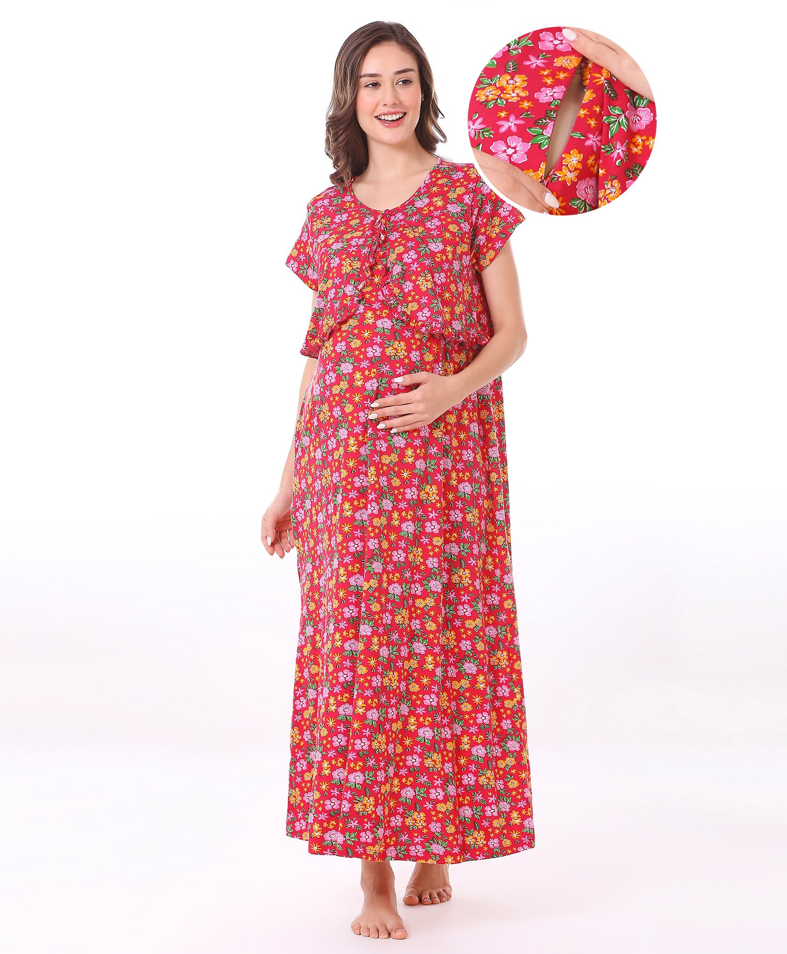 Bella Mama Cotton Knit Half Sleeves Concealed Zipper Floral Print Nighty - Pink-image-40