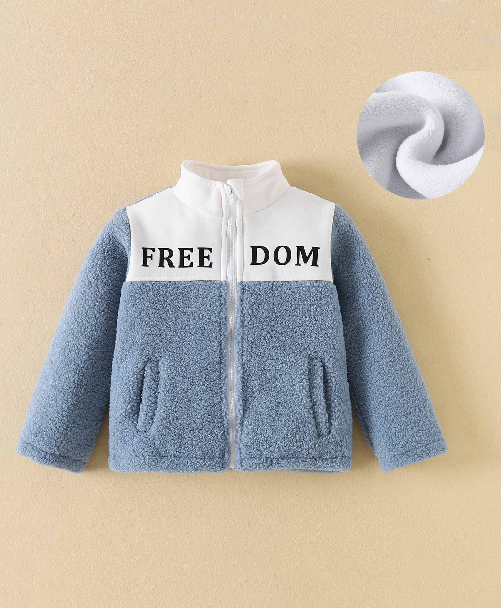 Kookie Kids Full Sleeves Front Open Fur Jacket with Text Print - Sky Blue-picture-11