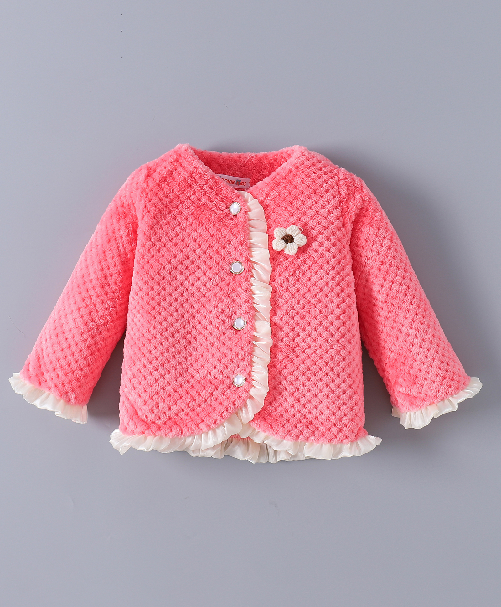 Kookie Kids Full Sleeves Winter Jacket With Floral Applique & Frill Detailing - Pink-image-22