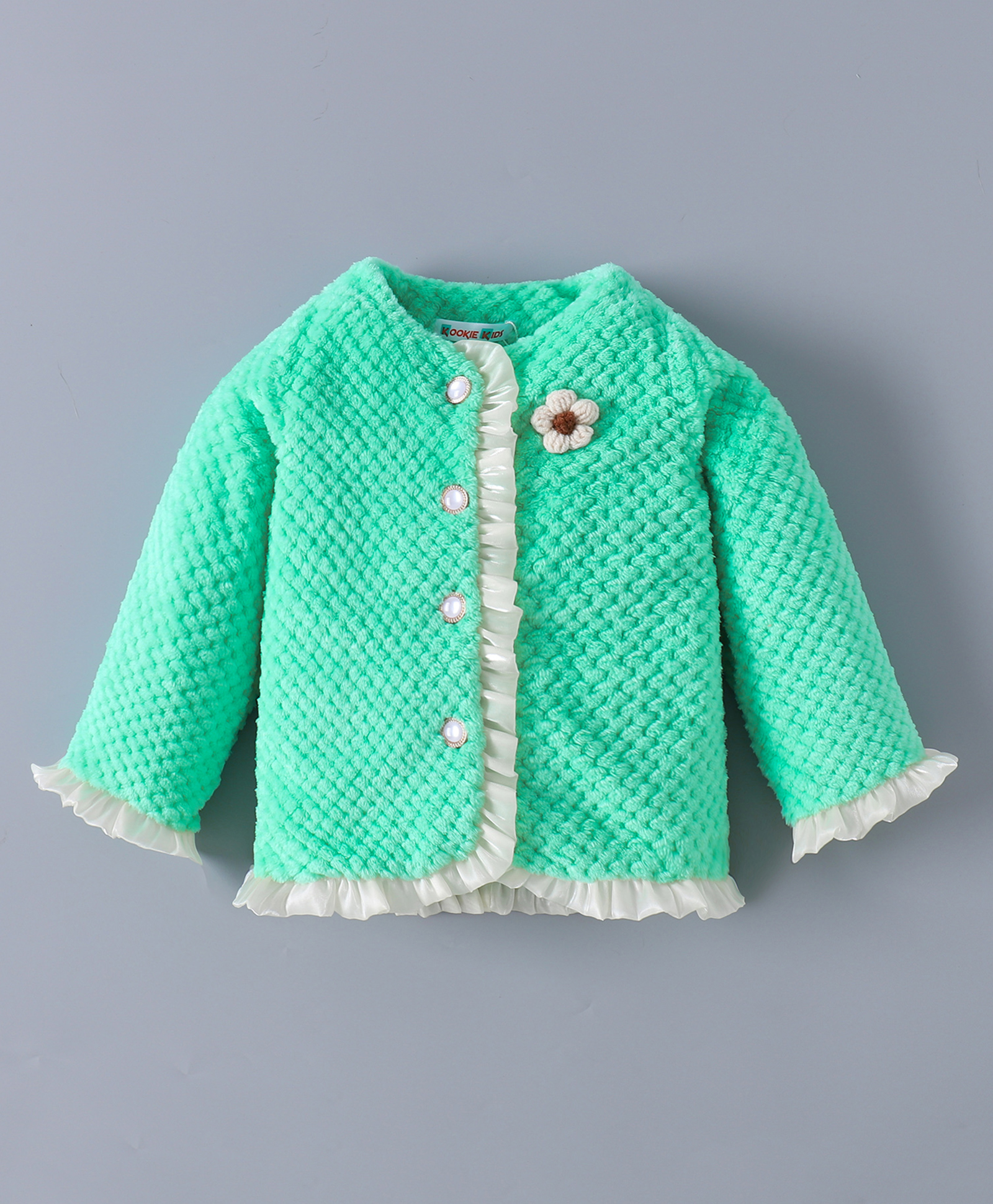 Kookie Kids Full Sleeves Front Open Quilted Fur Jacket With Frill Detailing - Green-image-9