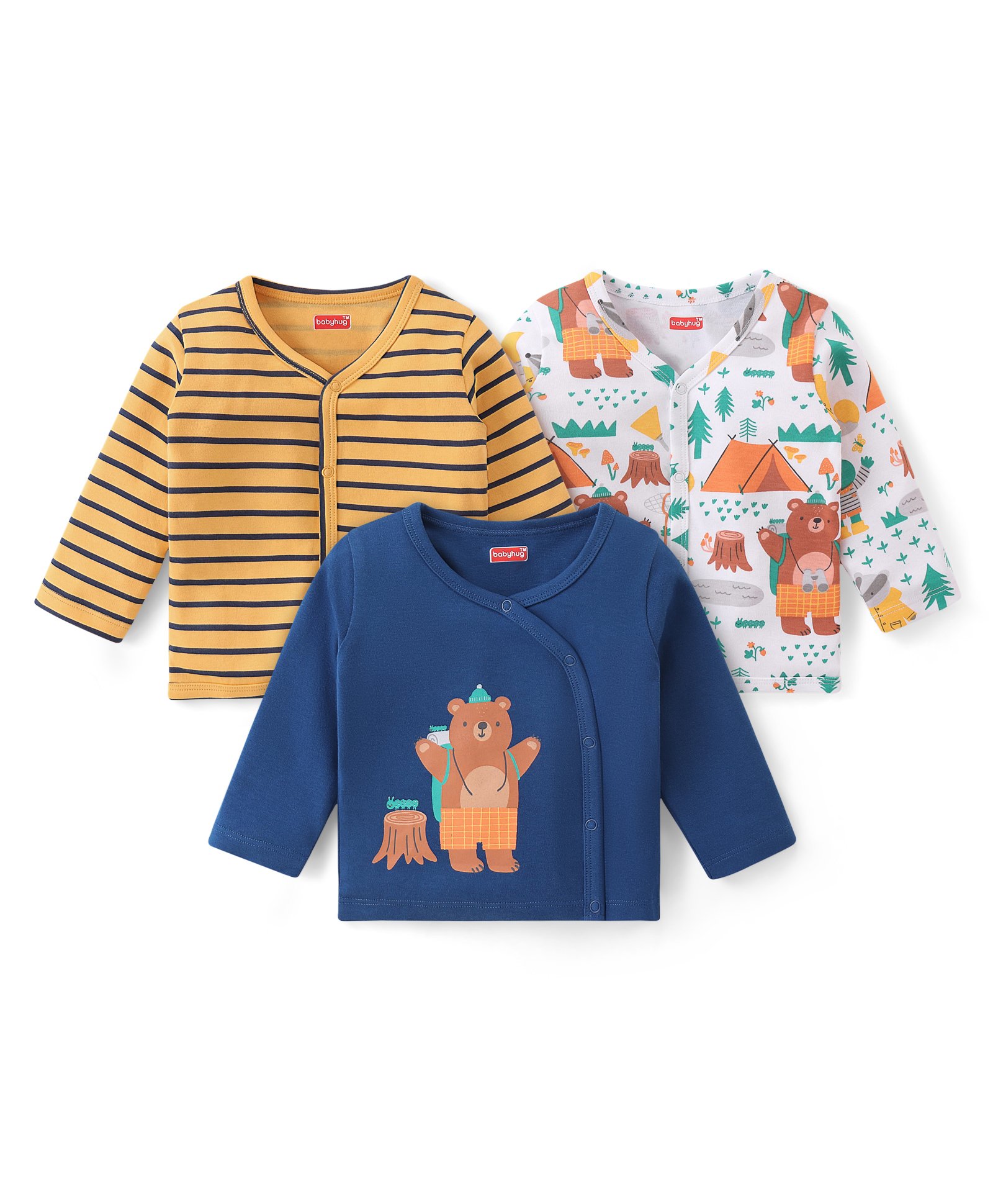 Babyhug 100% Interlock Cotton Knit Full Sleeves Front Open Vests with Stripes & Bear Print Pack of 3 - Yellow Blue & White-picture-23