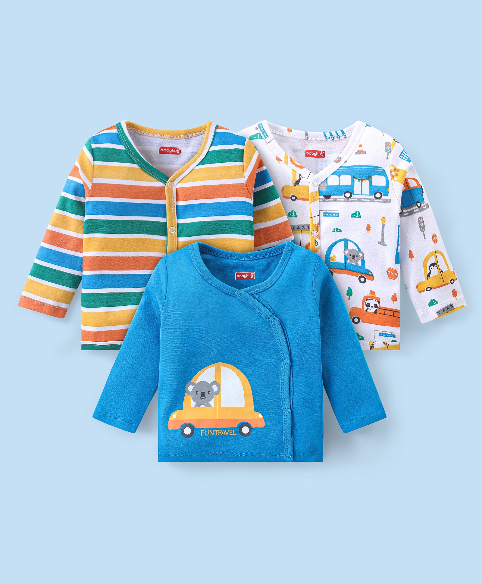 Babyhug 100% Cotton Full Sleeves Front Open Vests Car Print Pack of 3 -Blue-picture-27