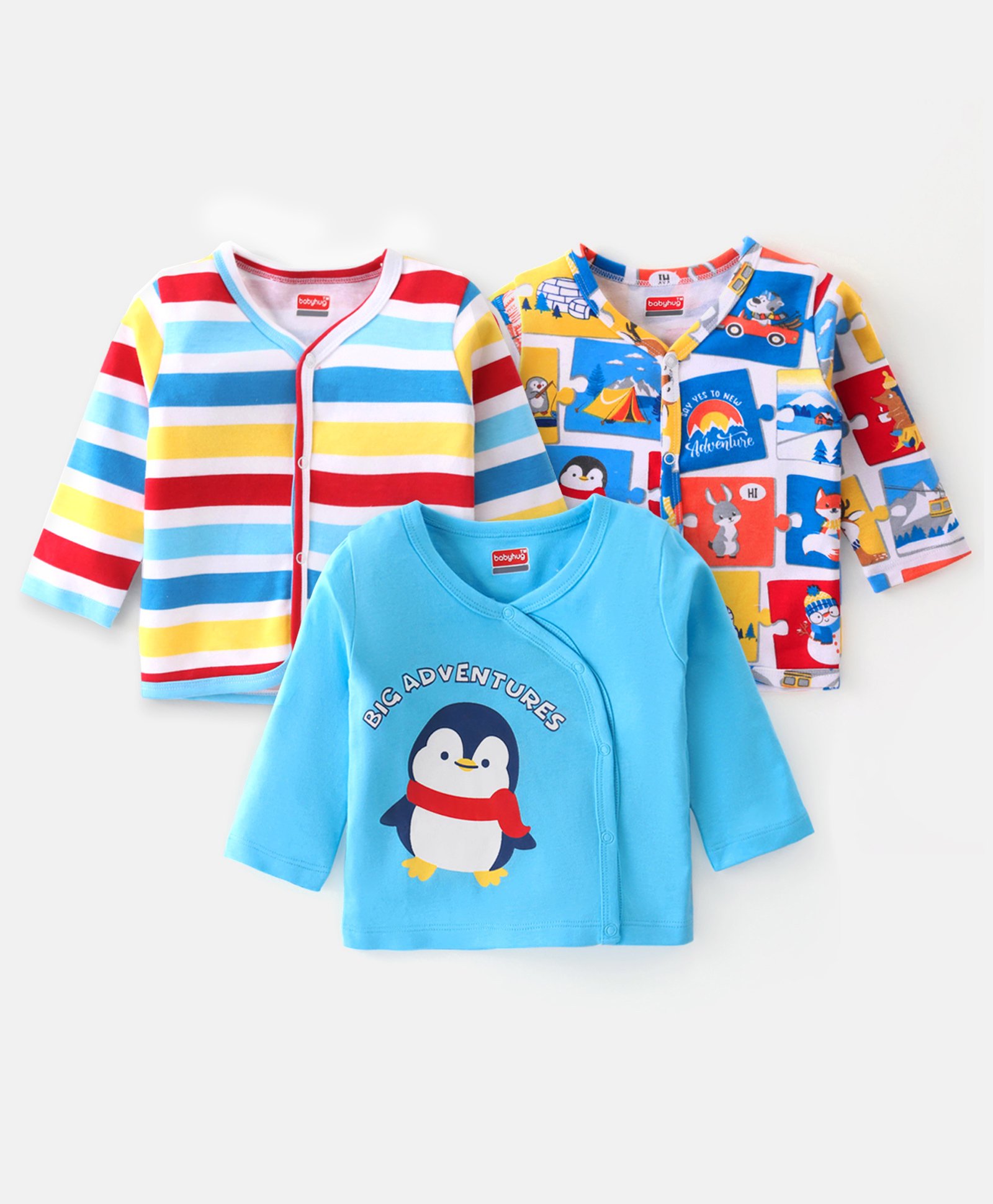 Babyhug Cambric Woven Full Sleeves Front Open Vests With Stripes & Penguin Print Pack of 3 - Multicolour-image-45