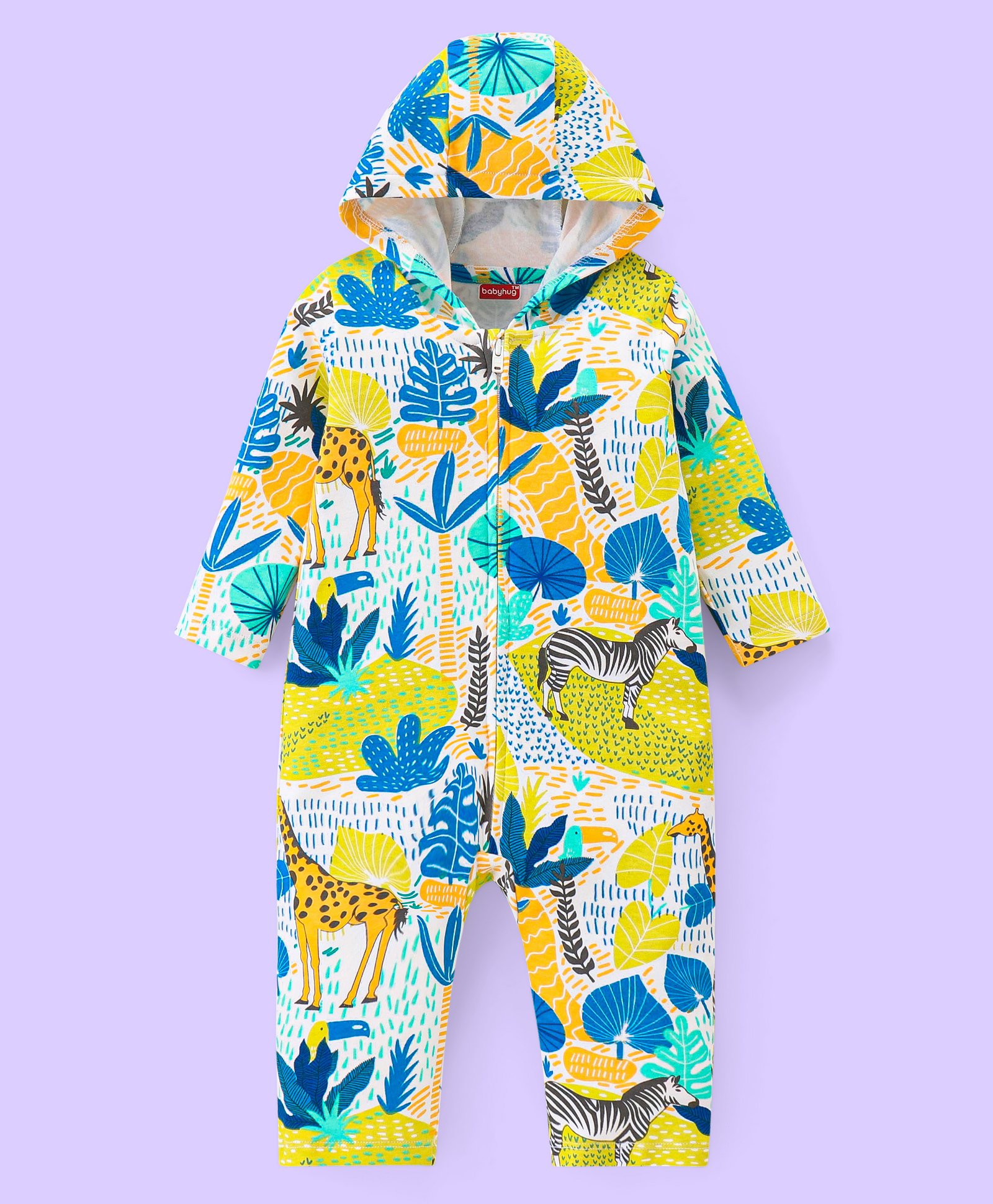 Babyhug 100% Cotton Full Sleeves Hooded Romper Animal Print - Green-image-21
