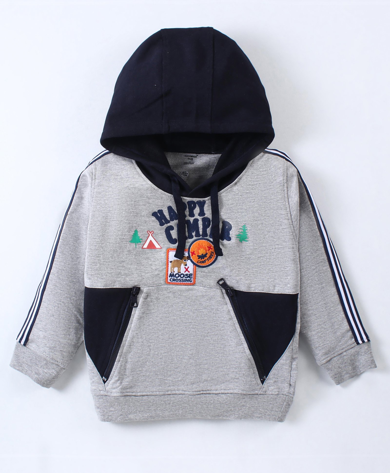 Cucumber Looper Full Sleeves Hoodie with Text Embroidery - Grey-picture-15