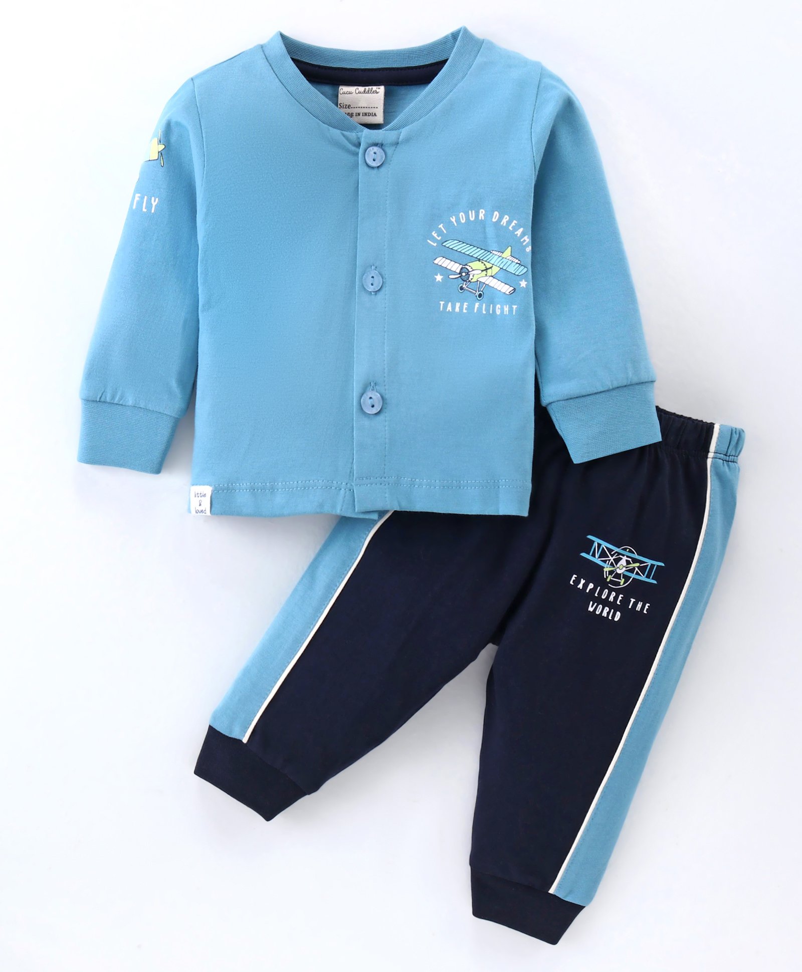 Cucumber Sinker Knit Full Sleeves Night Suit With Airplane Print -  Blue-picture-19
