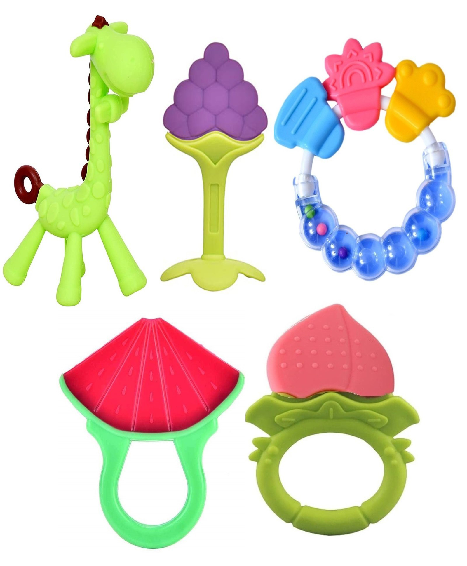 Sparkle Joy Baby Silicone Giraffe Rattle & Fruit Teether Combo Pack Of 5 Non Toxic Teething Toys - Multicolor-image-24