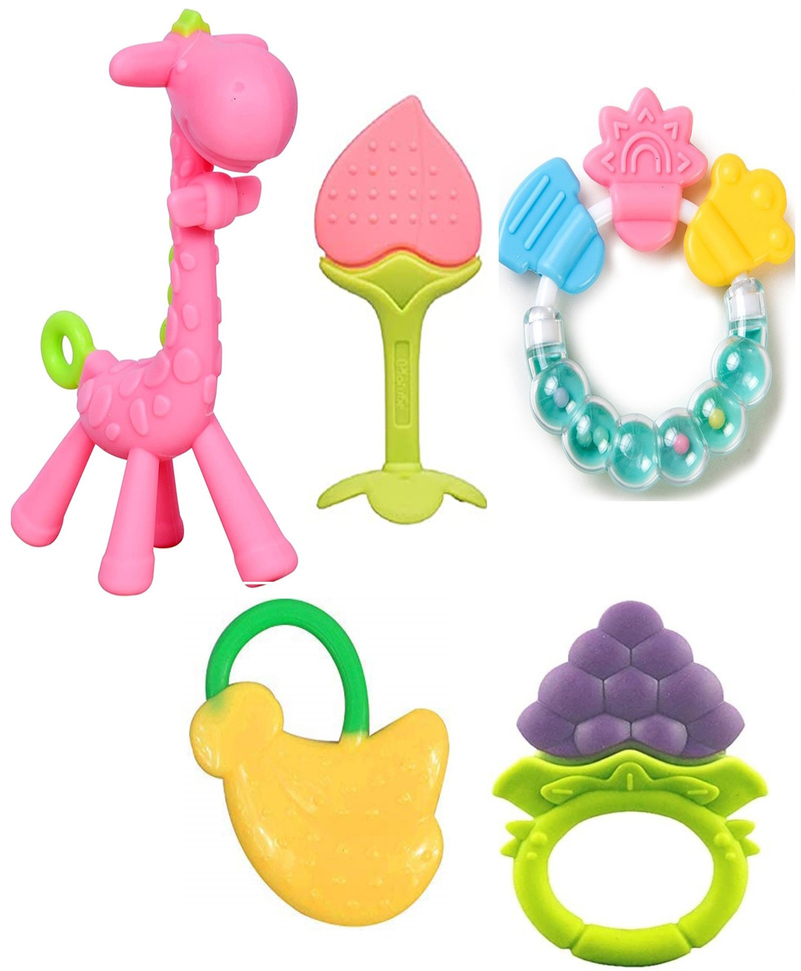 Sparkle Joy Baby Silicone Giraffe Rattle & Fruit Teether Combo Pack Of 5 Non Toxic Teething Toys - Multicolor-image-23
