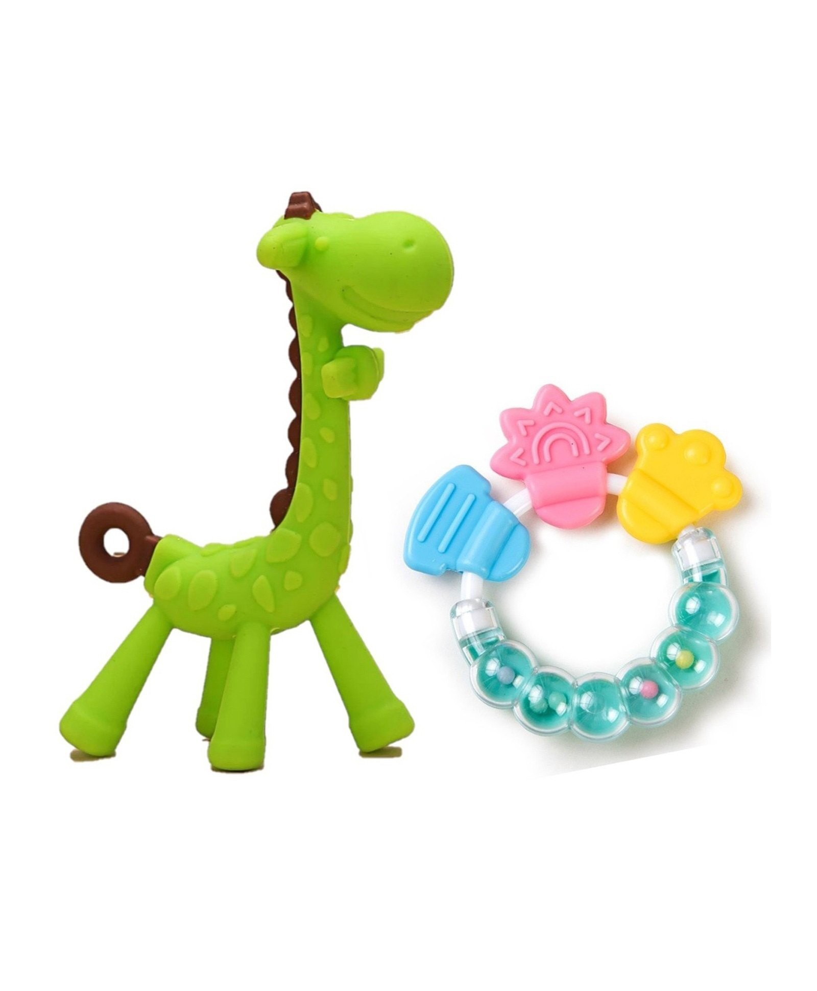Sparkle Joy Silicone Combo Of Giraffe Shape & Rattle Handle Teethers - Multicolor-image-10