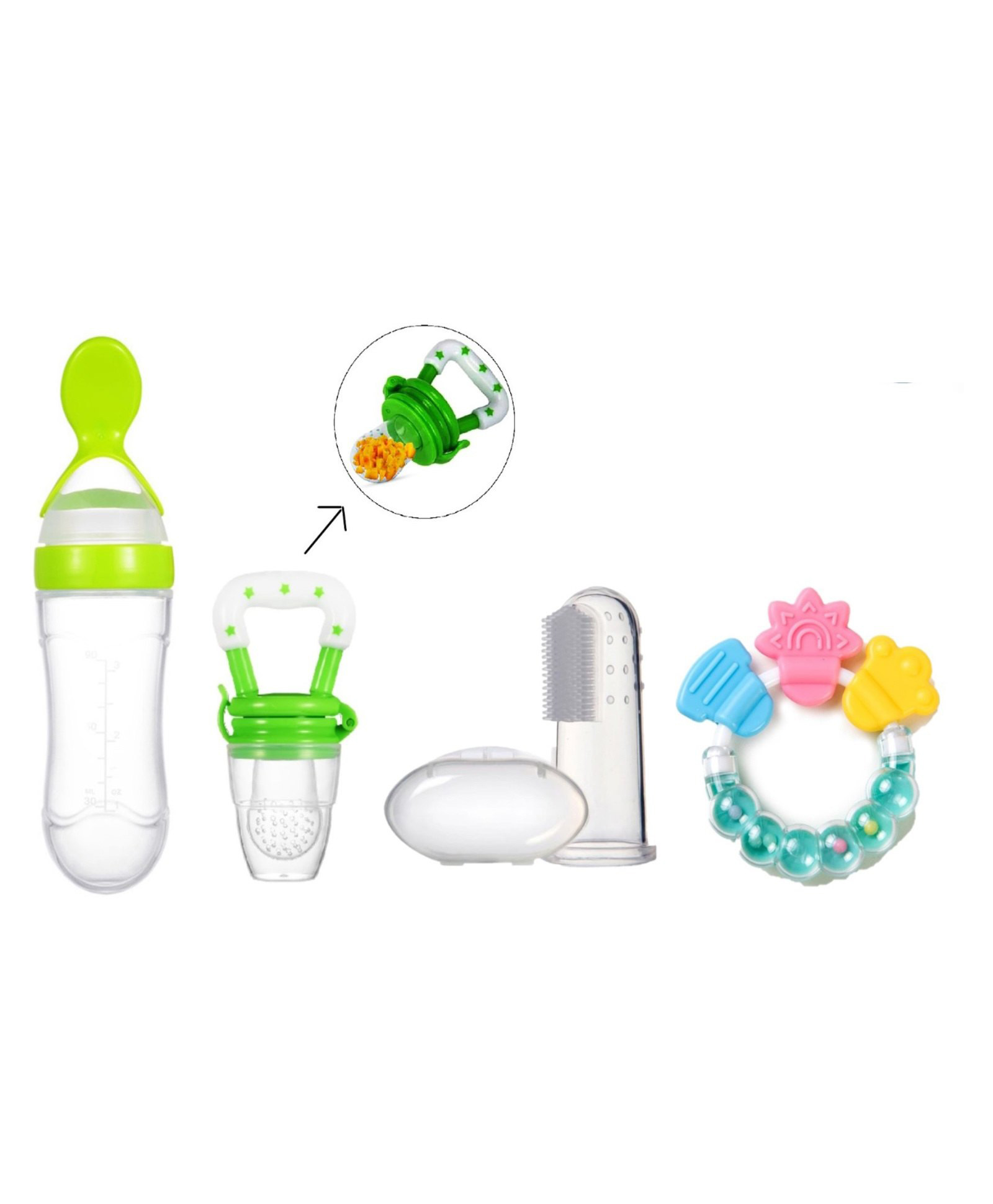 Sparkle Joy Combo of Silicone Squeezy Food Feeder Bottle With Spoon Rattle Teether Soft Silicone Finger Toothbrush and Silicone Rattle Fruit And Food Nibbler - Pink-image-42