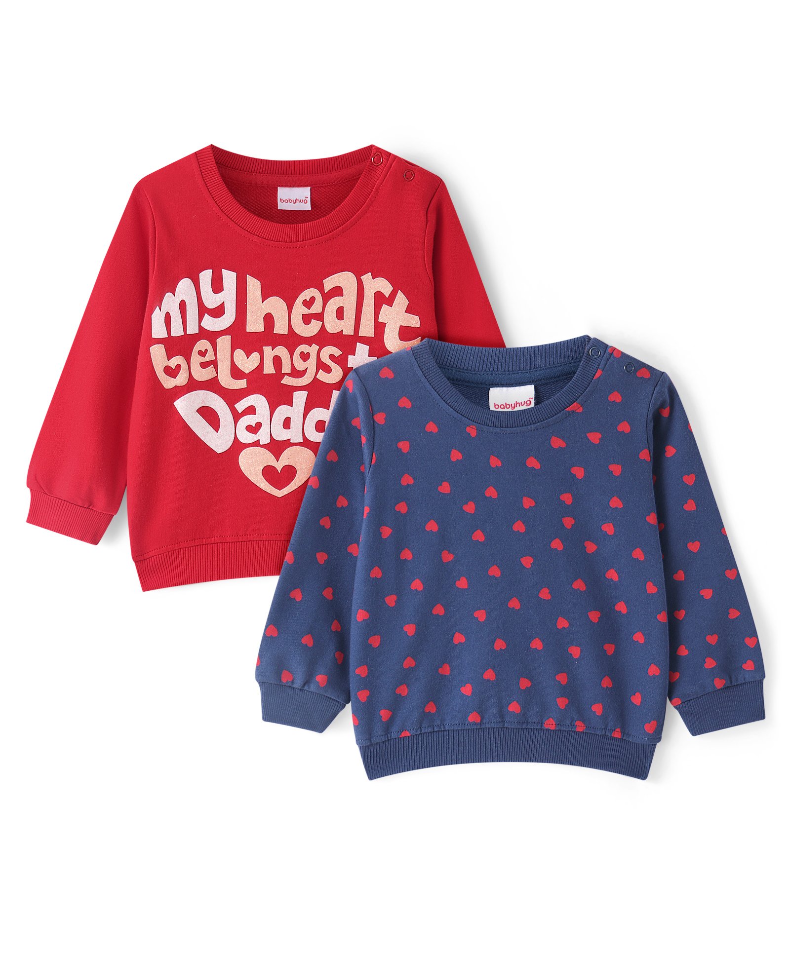 Babyhug Cotton Knit Full Sleeves Sweatshirts With Text & Hearts Print Pack of 2 - & Red Blue-picture-33