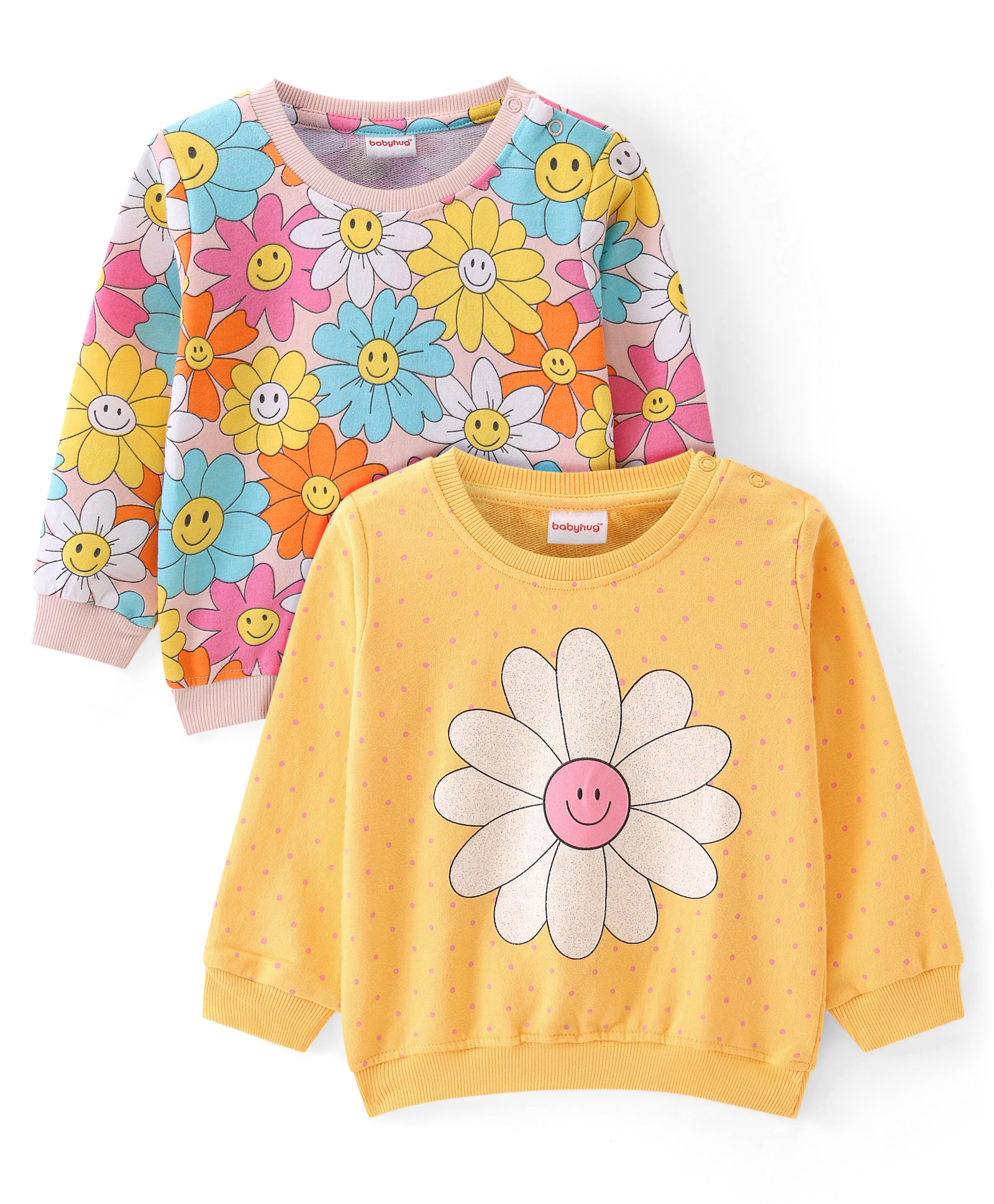 Babyhug Cotton Knit Full Sleeves Sweatshirts With Polka Dots & Floral Print Pack of 2 - Yellow & Pink-picture-35