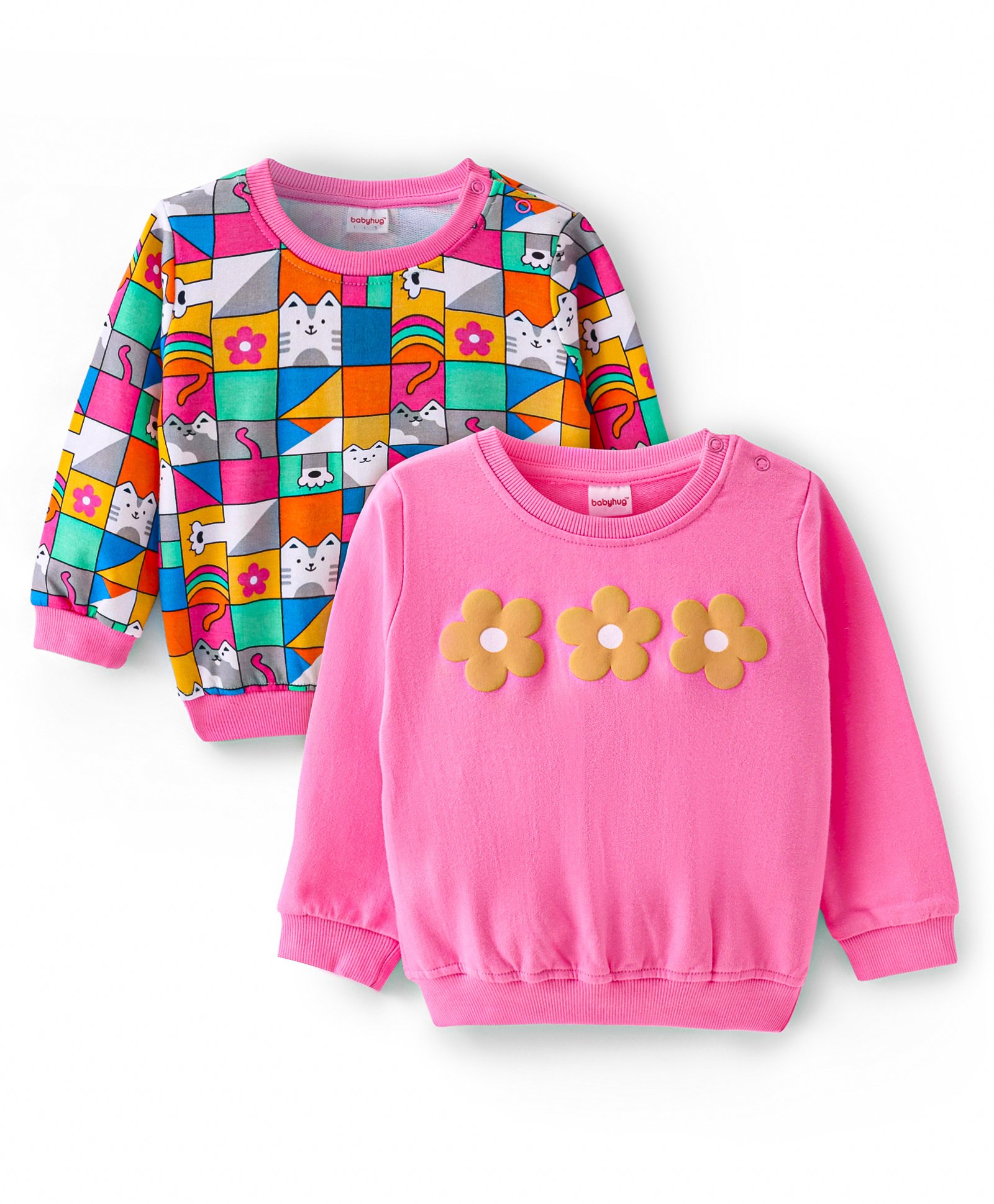 Babyhug Cotton Knit Full Sleeves Sweatshirts with Kitty & Floral Print Pack of 2 - Pink-picture-36