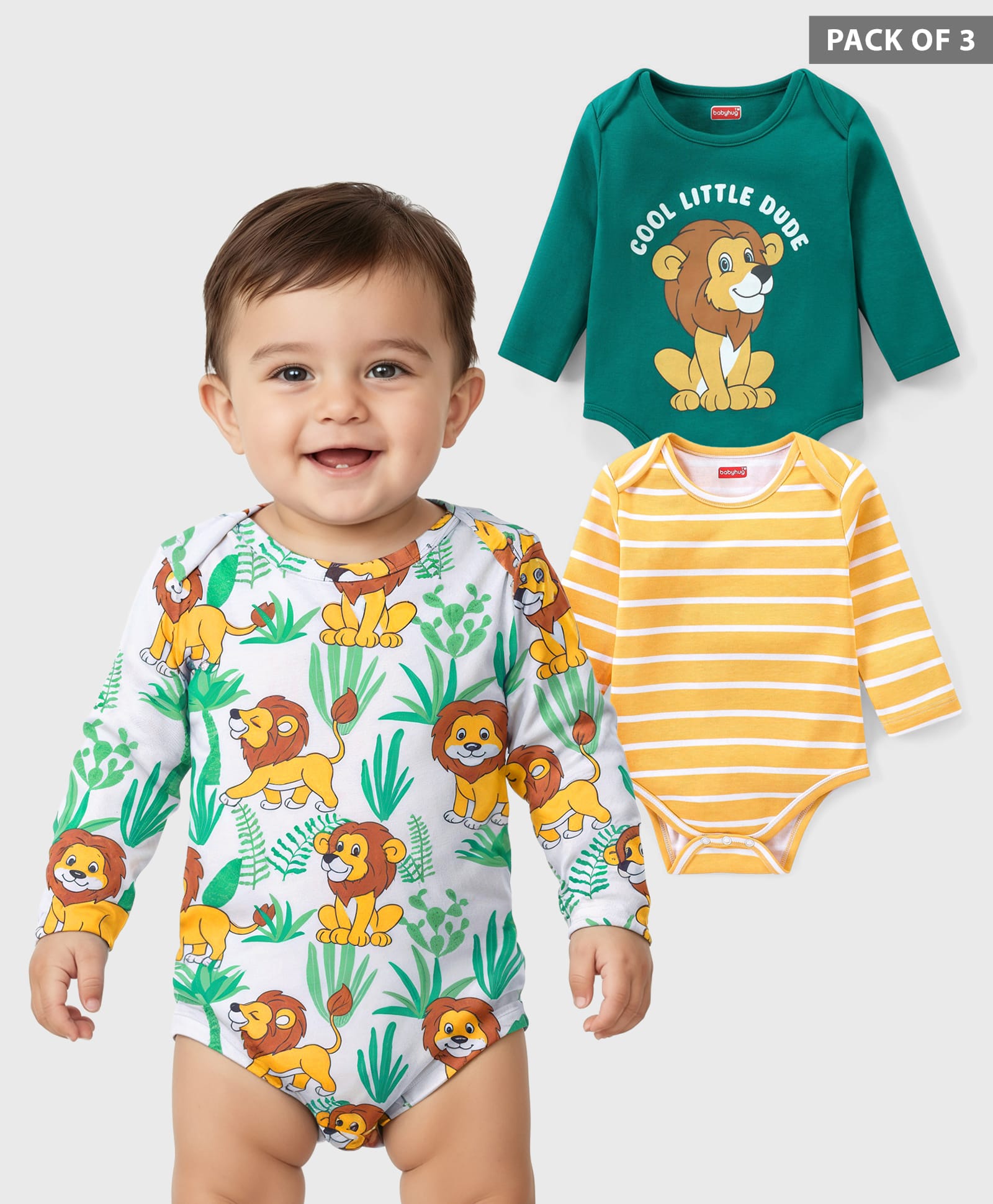 Babyhug 100% Cotton Knit Full Sleeves Onesies Lion Print Pack of 3 - Yellow Green & White-image-30