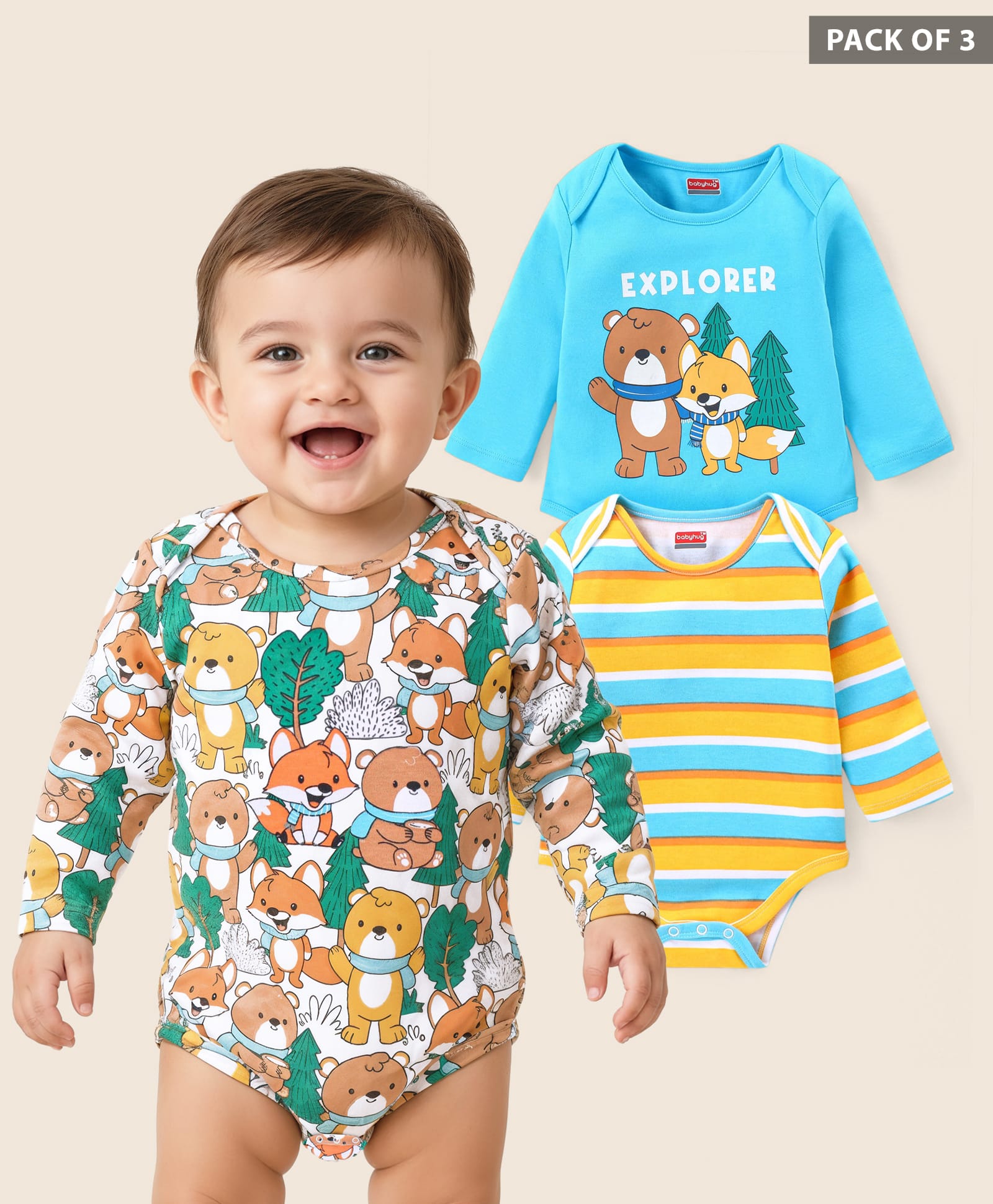 Babyhug 100% Cotton Knit Full Sleeves Onesies with Striped & Animal Print Pack of 3 - Blue White& Green-picture-24