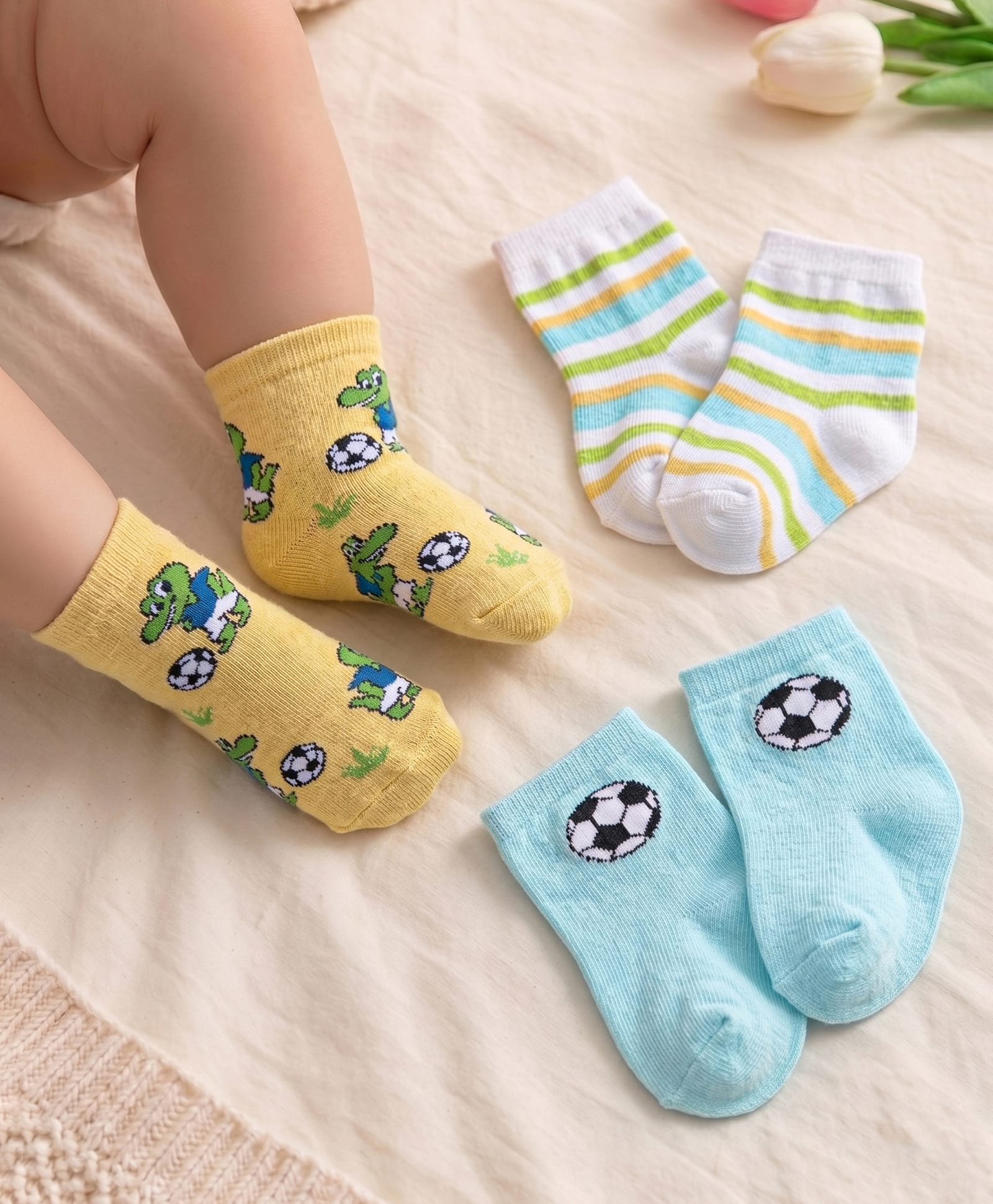 Cute Walk by Babyhug Anti-Bacterial Ankle Length Striped & Crocodile Design Socks Pack of 3 - Yellow & Blue-image-12
