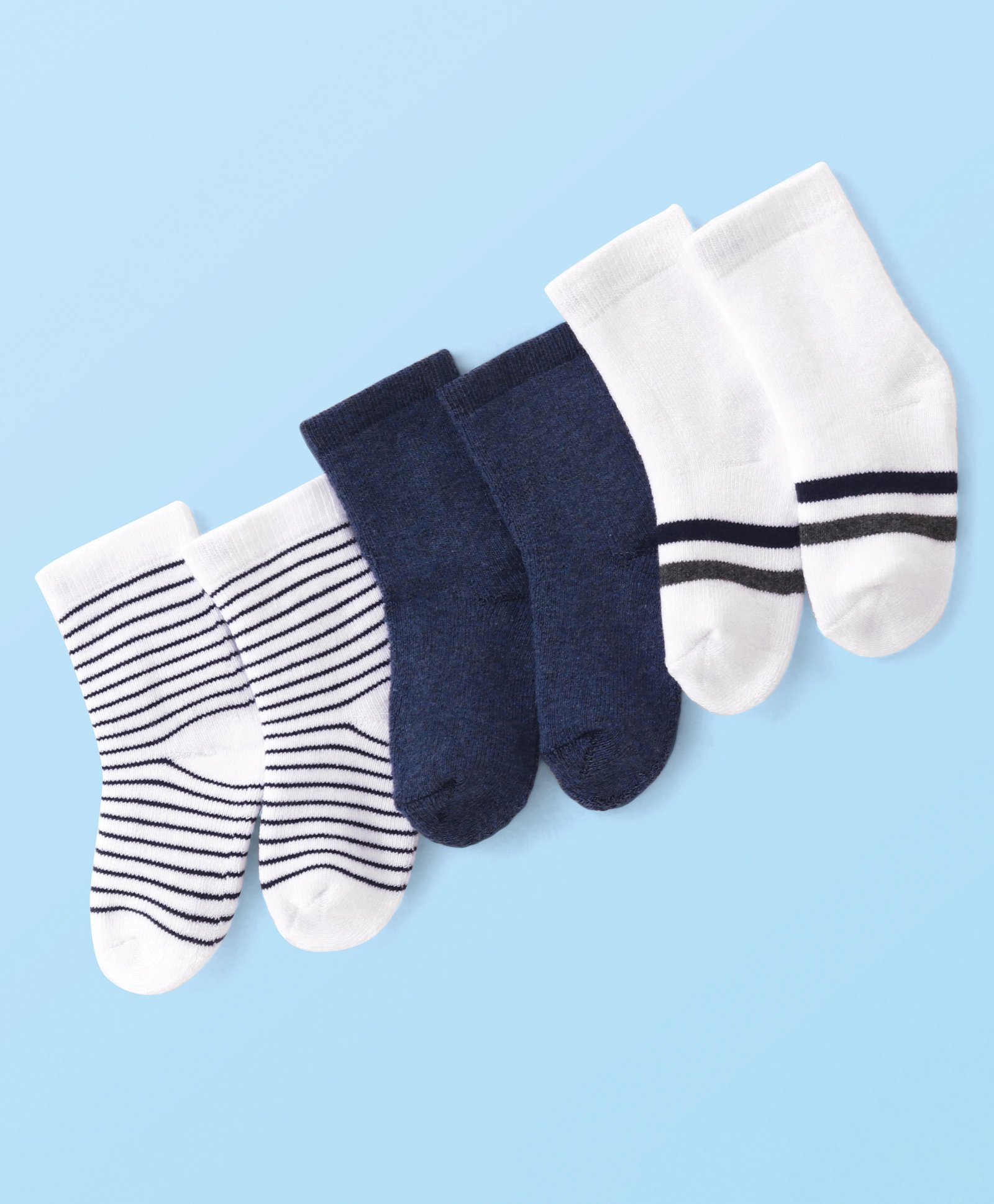 cute walk by babyhug Cutewalk By Babyhug Anti Bacterial Ankle Length Terry Striped Socks Pack of 3- Navy & White-picture-17