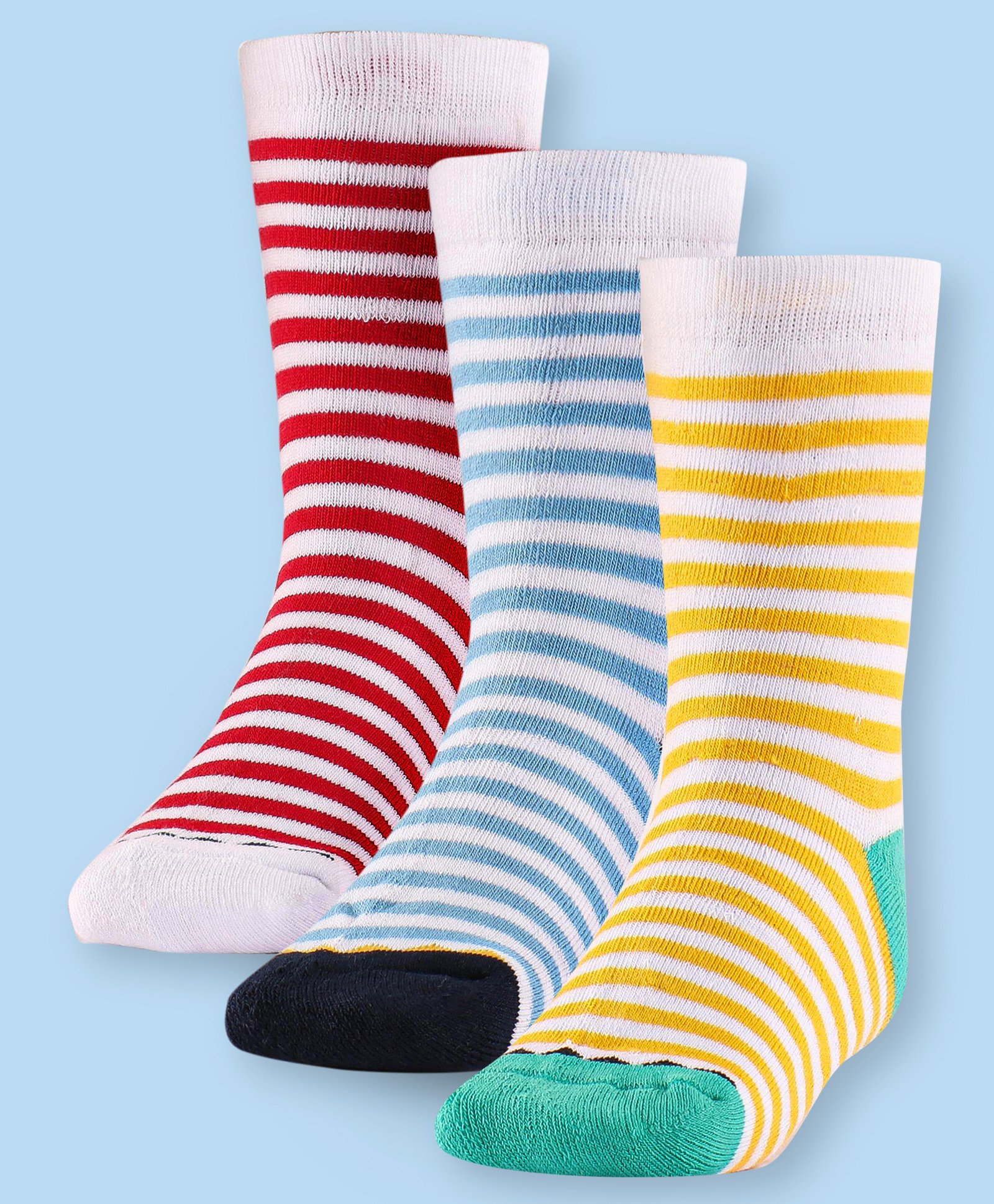 Cute Walk by Babyhug Terry Knit Anti-Bacterial Ankle Length Striped Socks Pack of 3 - Red Blue & Yellow-image-23