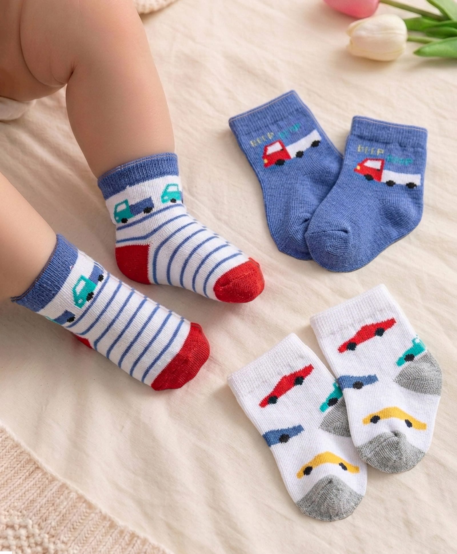 Cute Walk by Babyhug Anti-Bacterial Ankle Length Striped & Car Designed Sock Pack of 3 - White & Blue-picture-15