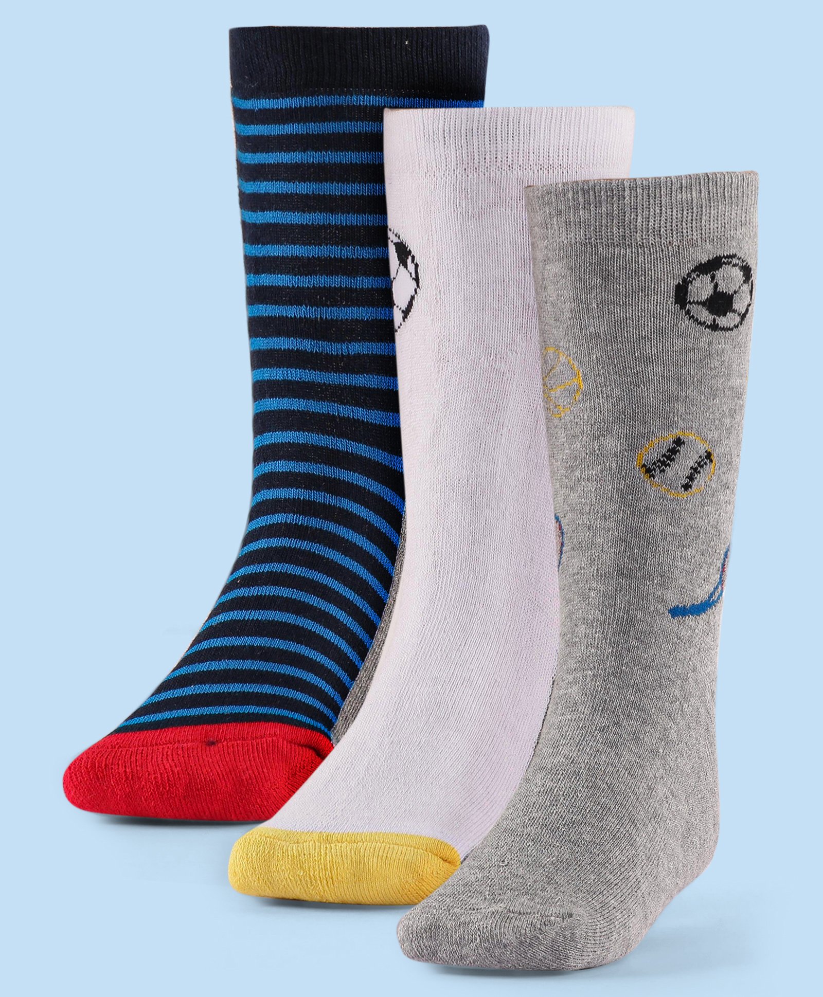 Cute Walk by Babyhug Terry Knit Anti-Bacterial Ankle Length Striped & Football Design Socks Pack of 3 - Blue White & Grey-image-26