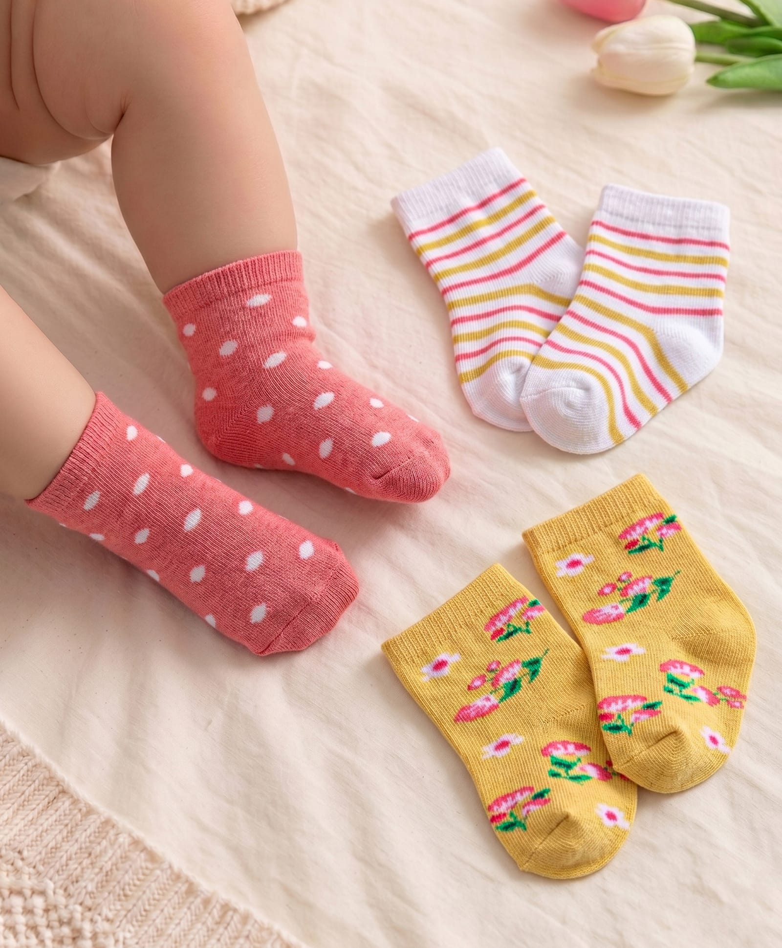 Cute Walk by Babyhug Cotton Lycra Knit Anti-bacterial Ankle Length Socks Polka Dots Strips & Floral Design Pack of 3 - Pink White & Yellow-image-28