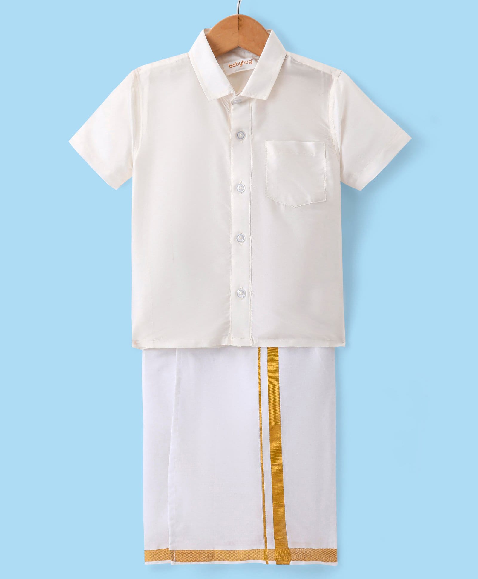 Babyhug Woven Half Sleeves Solid Shirt & Mundu Set - Beige-image-43