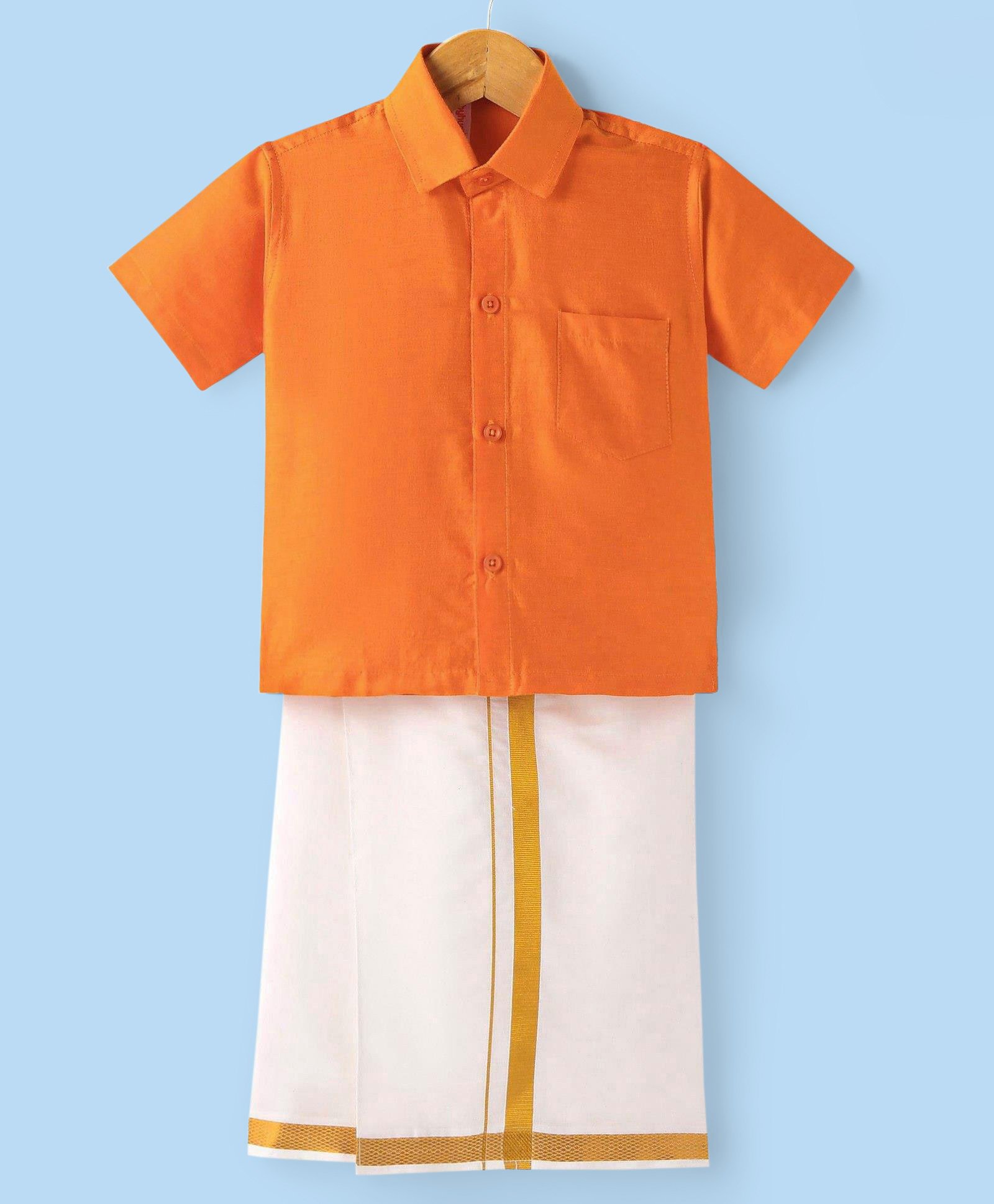 Babyhug Woven Half Sleeves Solid Shirt & Mundu Set - Orange-image-37