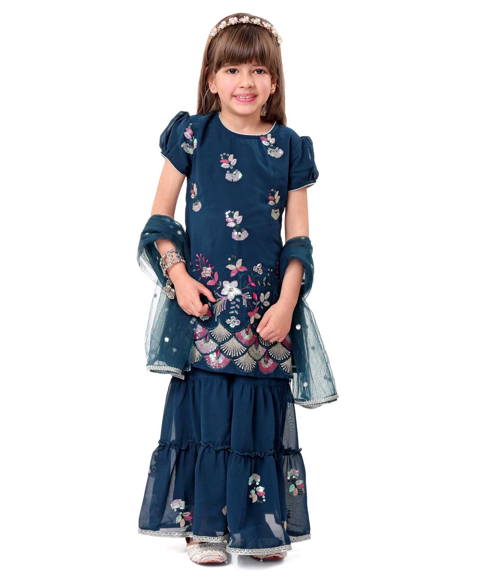 Babyhug Woven Short Sleeve Floral Sequinned Kurti Gharara & Embroidered Dupatta -Teal Blue-image-7