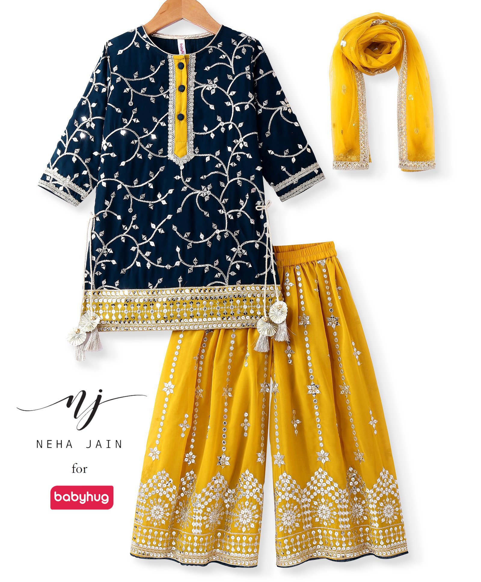 Babyhug Georgette Woven Three Fourth Sleeves   Sequins Embroidered Kurti Sharara & Dupatta Set - Teal & Yellow-image-15