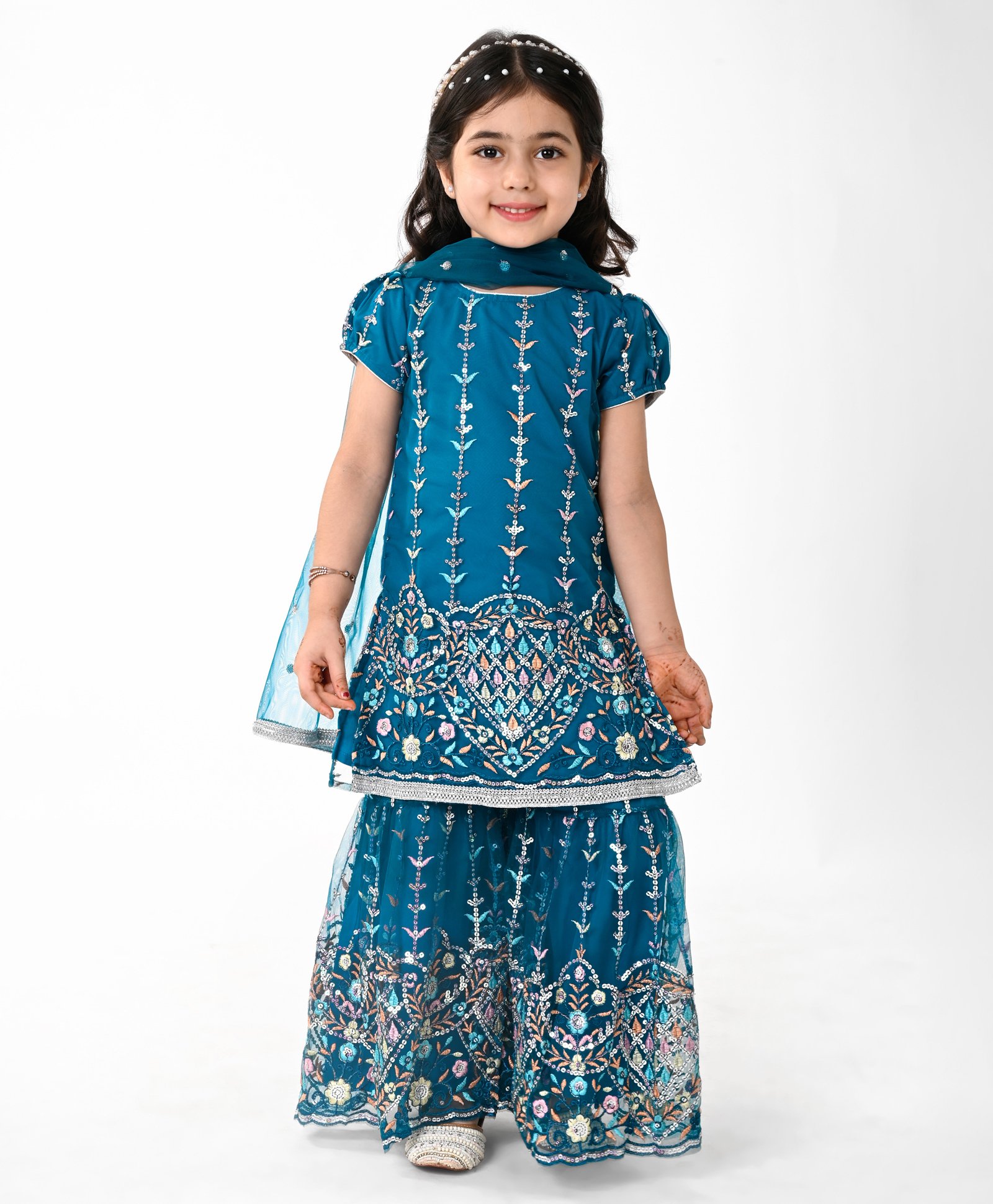 Babyhug Woven Short Sleeves Sequinned Floral Embroidered Kurti Gharara & Dupatta Set - Teal-image-45