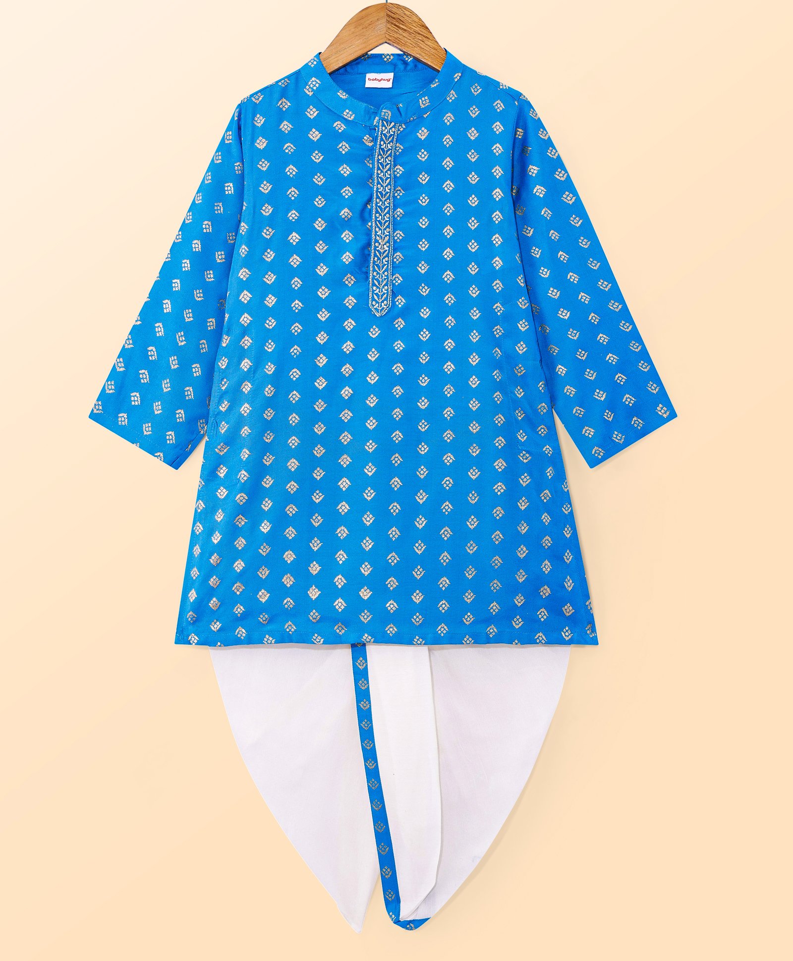 Babyhug Woven Brocade Foil Printed Full Sleeves Kurta Dhoti Set - Blue-image-6