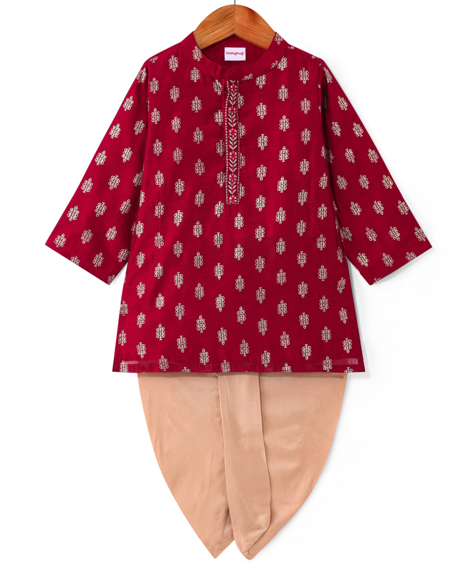 Babyhug Woven Full Sleeves Foil Printed Kurta Dhoti Set With Embroidery - Maroon-picture-25