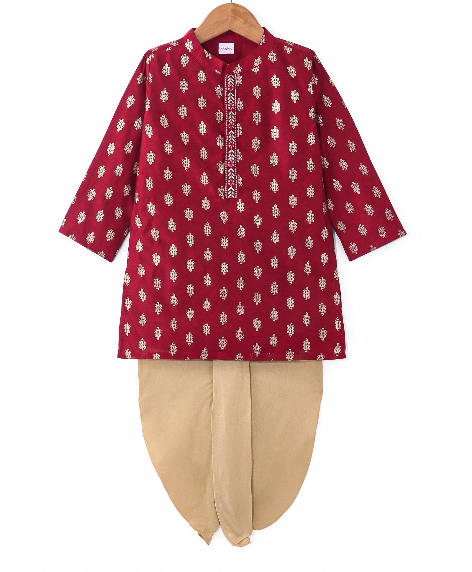 Babyhug Woven Full Sleeves Foil Printed Kurta Dhoti Set - Maroon-image-12