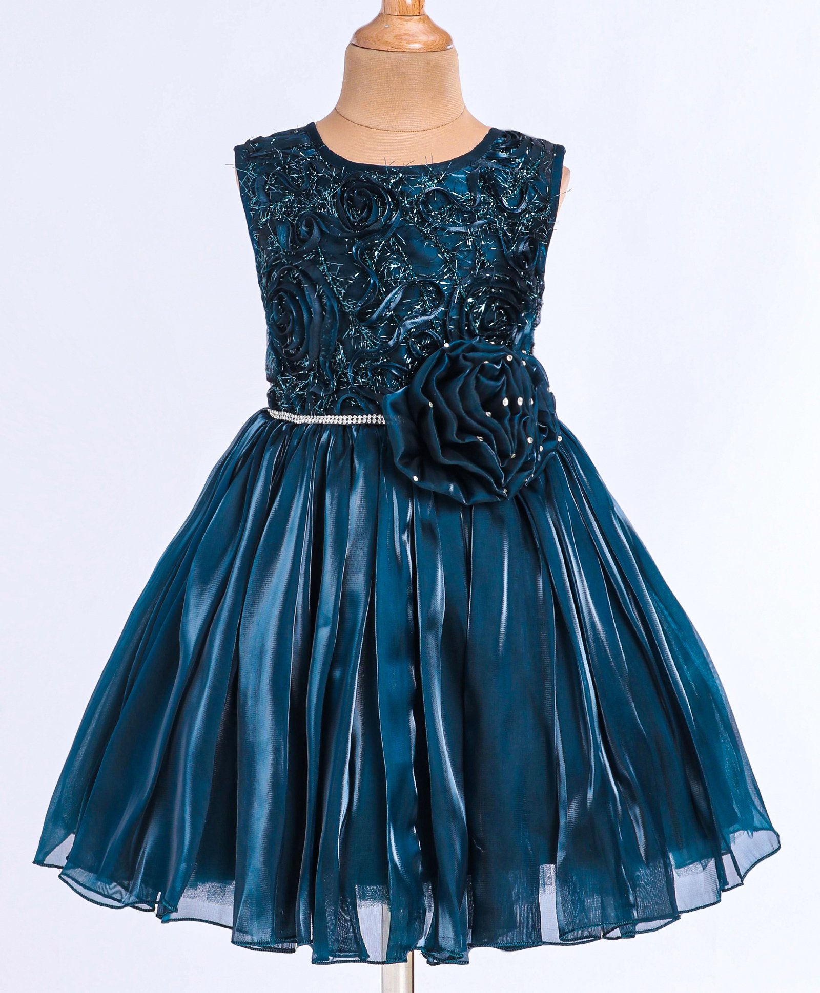 Bluebell Tissue Knit Sleeveless Solid Color Frock with Floral & Beads Detailing -Blue-image-33
